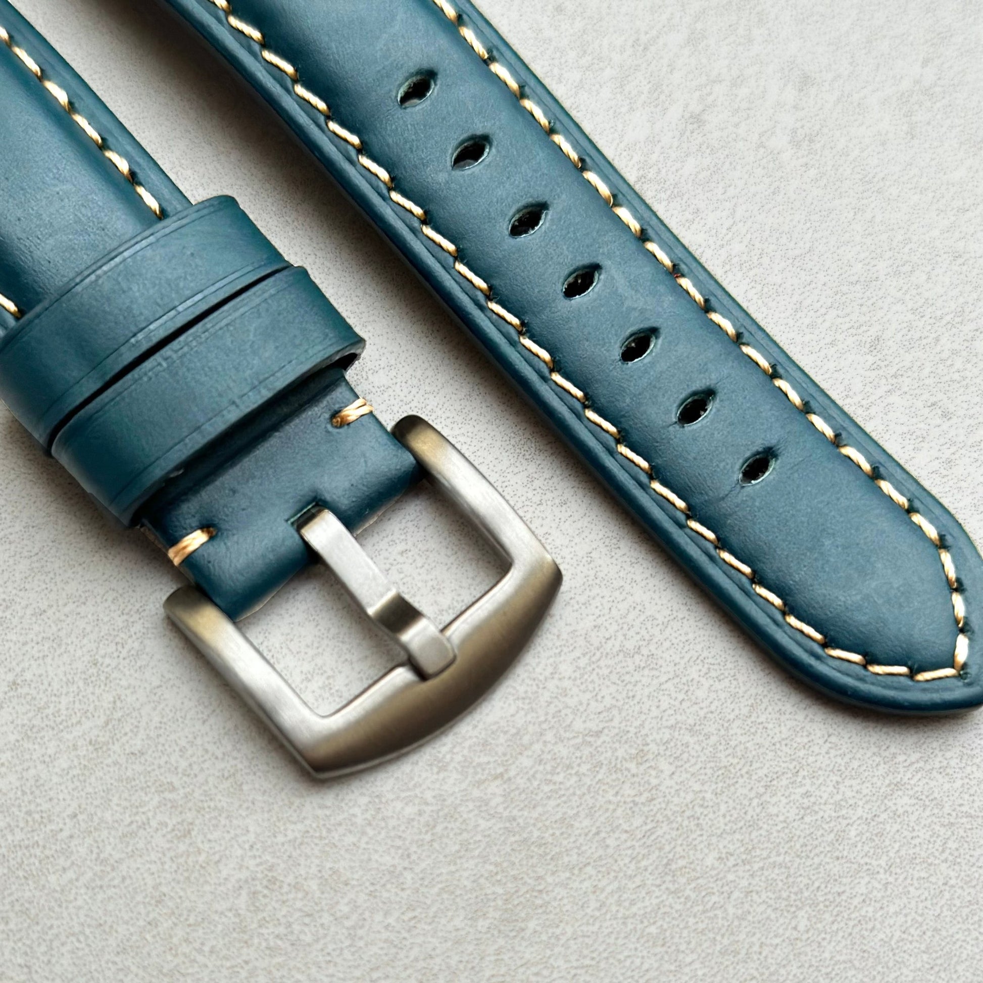 Brushed 316L stainless steel buckle on the Oslo blue full grain leather watch strap. Watch And Strap