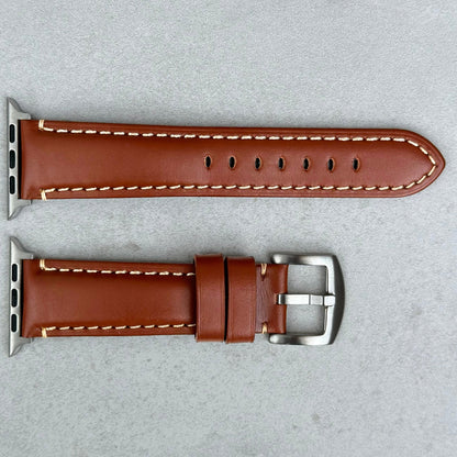 Oslo brown full grain leather Apple Watch Strap. Padded Apple Watch Strap. Contrast Ivory stitching. Watch And Strap