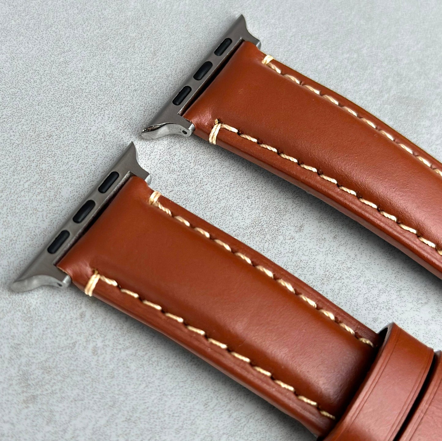 Top of the Oslo brown full grain leather Apple Watch strap. Padded Apple Watch Strap. Contrast ivory stitching.