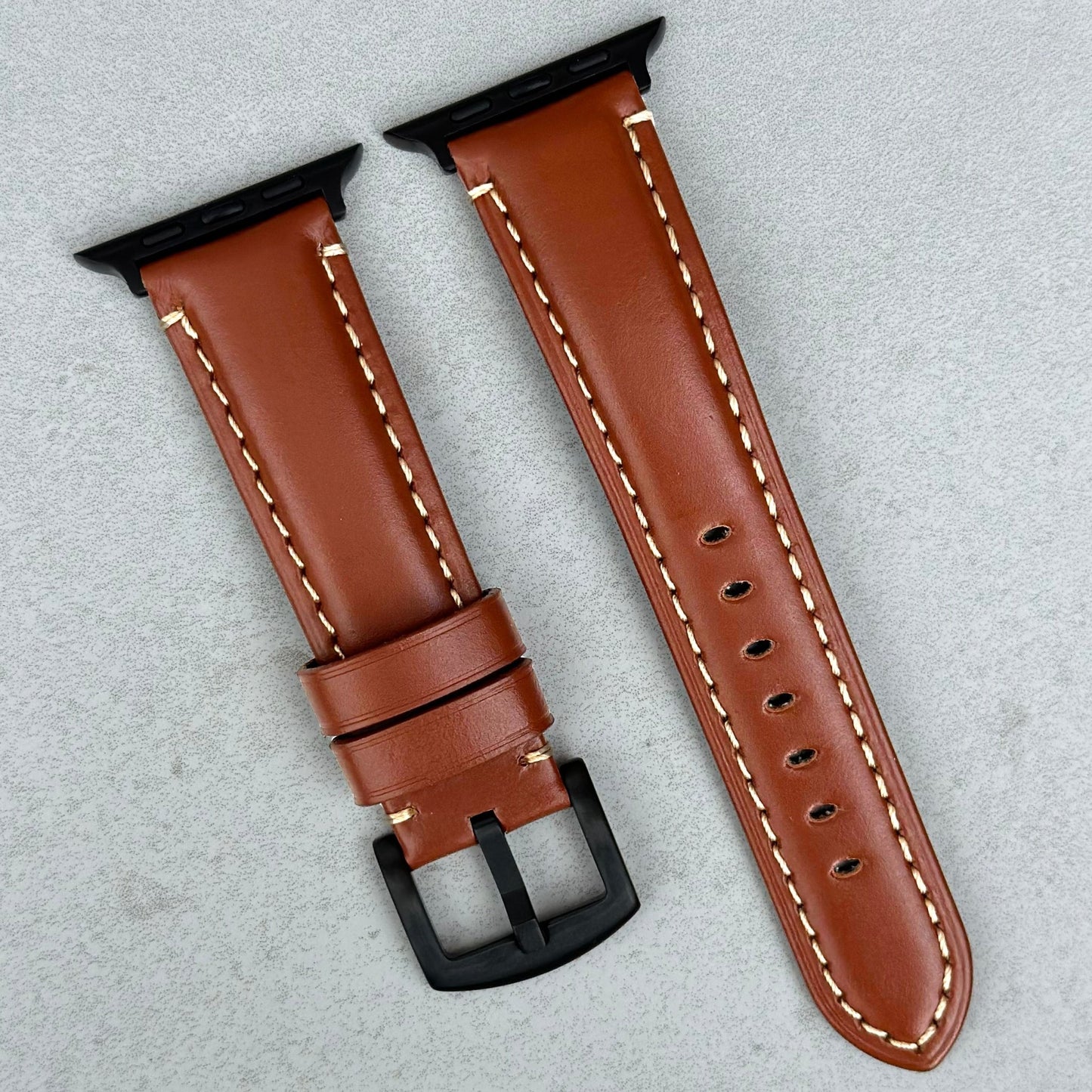 Oslo brown full grain leather Apple Watch strap. PVD black stainless steel buckle. Series 3, 4, 5, 6, 7, 8, 9, SE and Ultra.