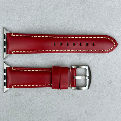 Oslo red full grain leather Apple Watch strap. Ivory stitching. Stainless steel. Series 3, 4, 5, 6, 7, 8, 9, SE, Ultra.