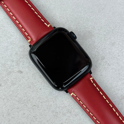 Oslo red full grain leather Apple watch strap on the Apple Watch Series 9. Watch And Strap.