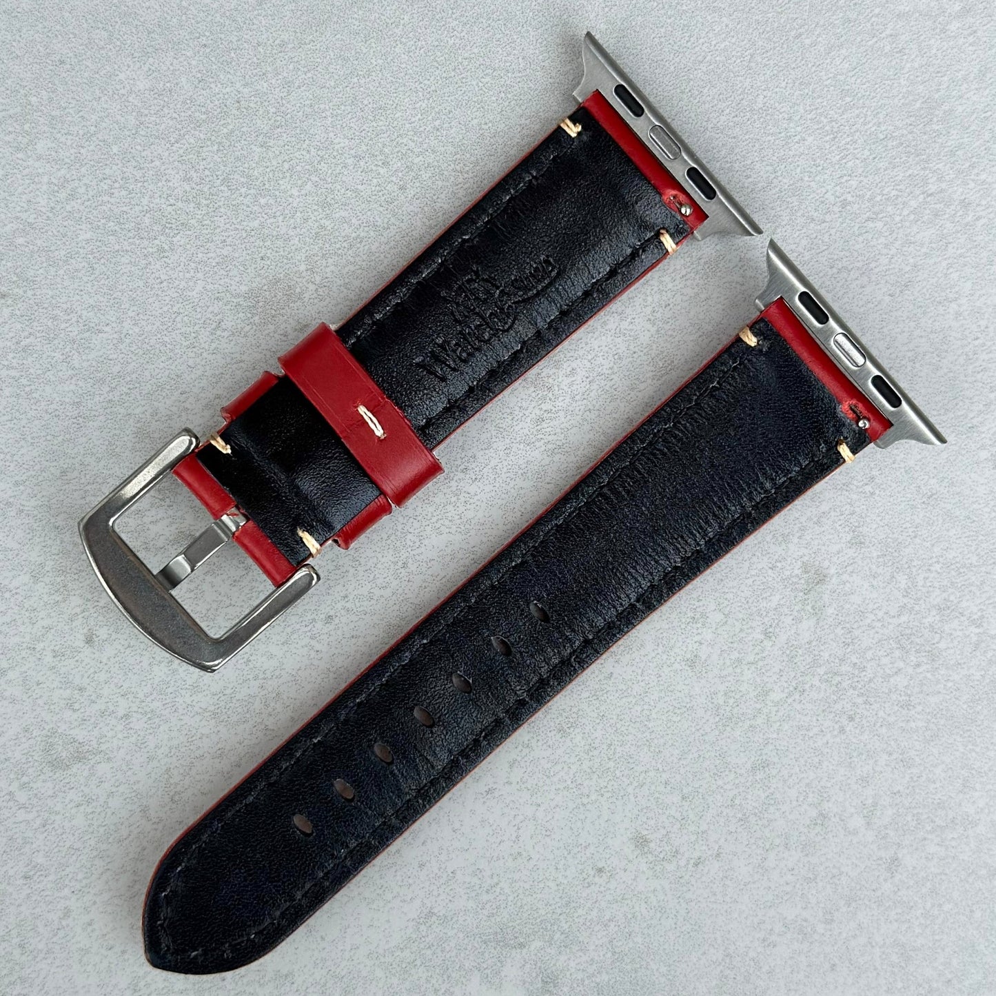 Underside of the Oslo red full grain leather Apple Watch strap. Watch And Strap.