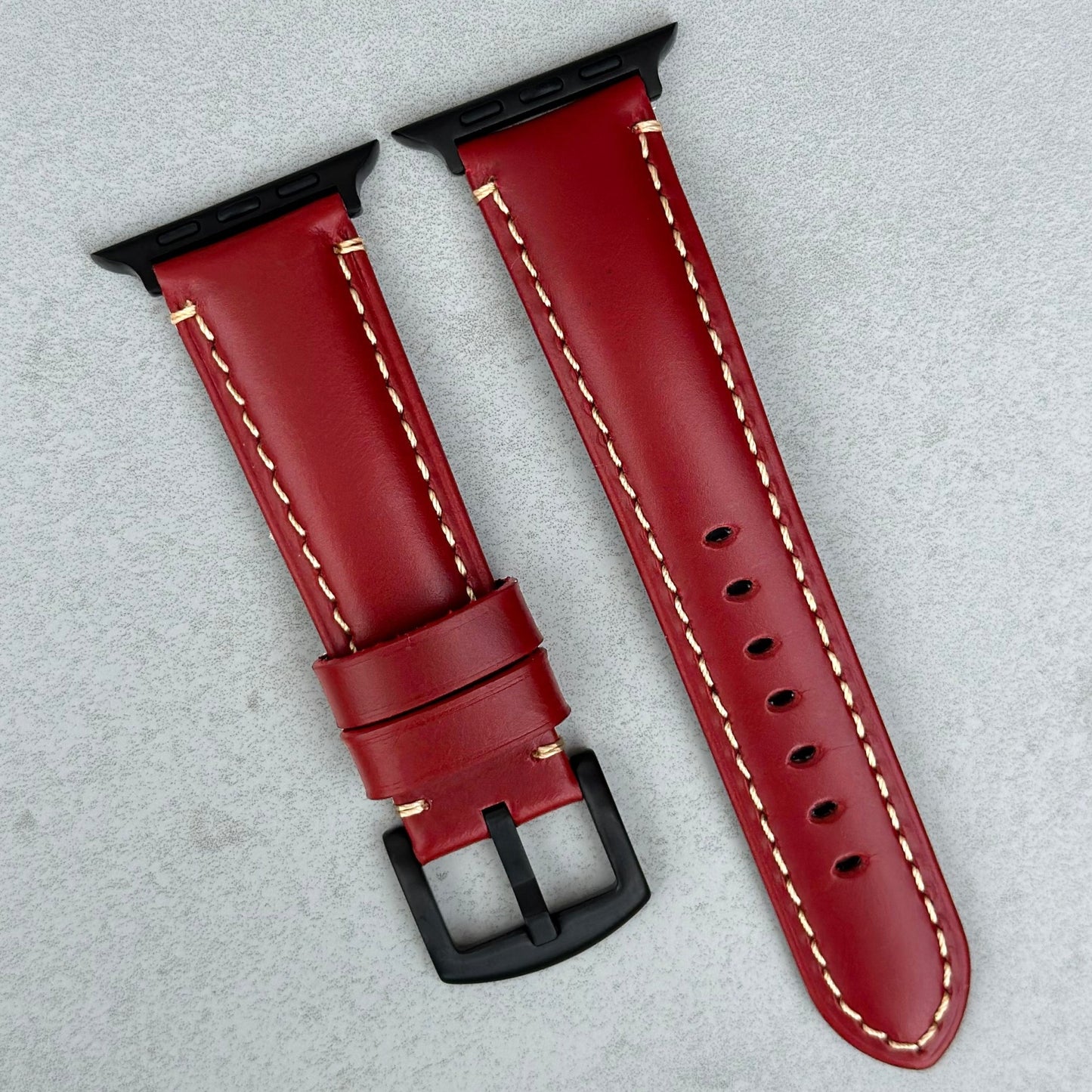 Red full grain leather Apple Watch strap. Contrast ivory stitching. PVD black. Series 3, 4, 5, 6, 7, 8, 9, SE, Ultra.