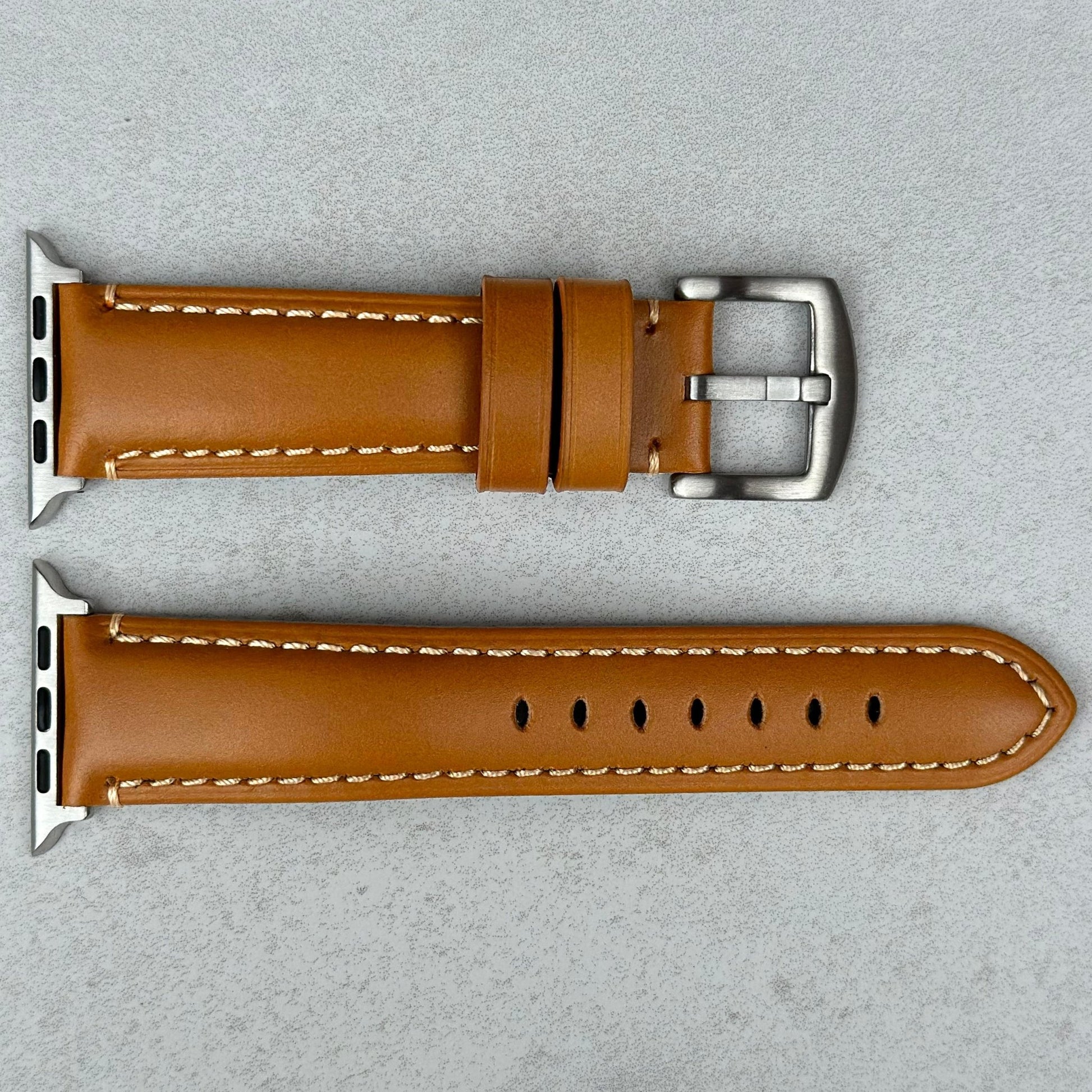 Oslo tan full grain leather watch strap with contrast ivory stitching. Series 3, 4, 5, 6, 7, 8, 9, SE and Ultra.