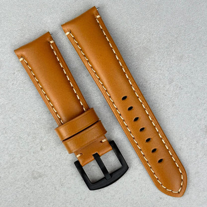 Oslo tan full grain leather watch strap fitted with a PVD black stainless steel buckle. 18mm 20mm 22mm 24mm. Watch And Strap