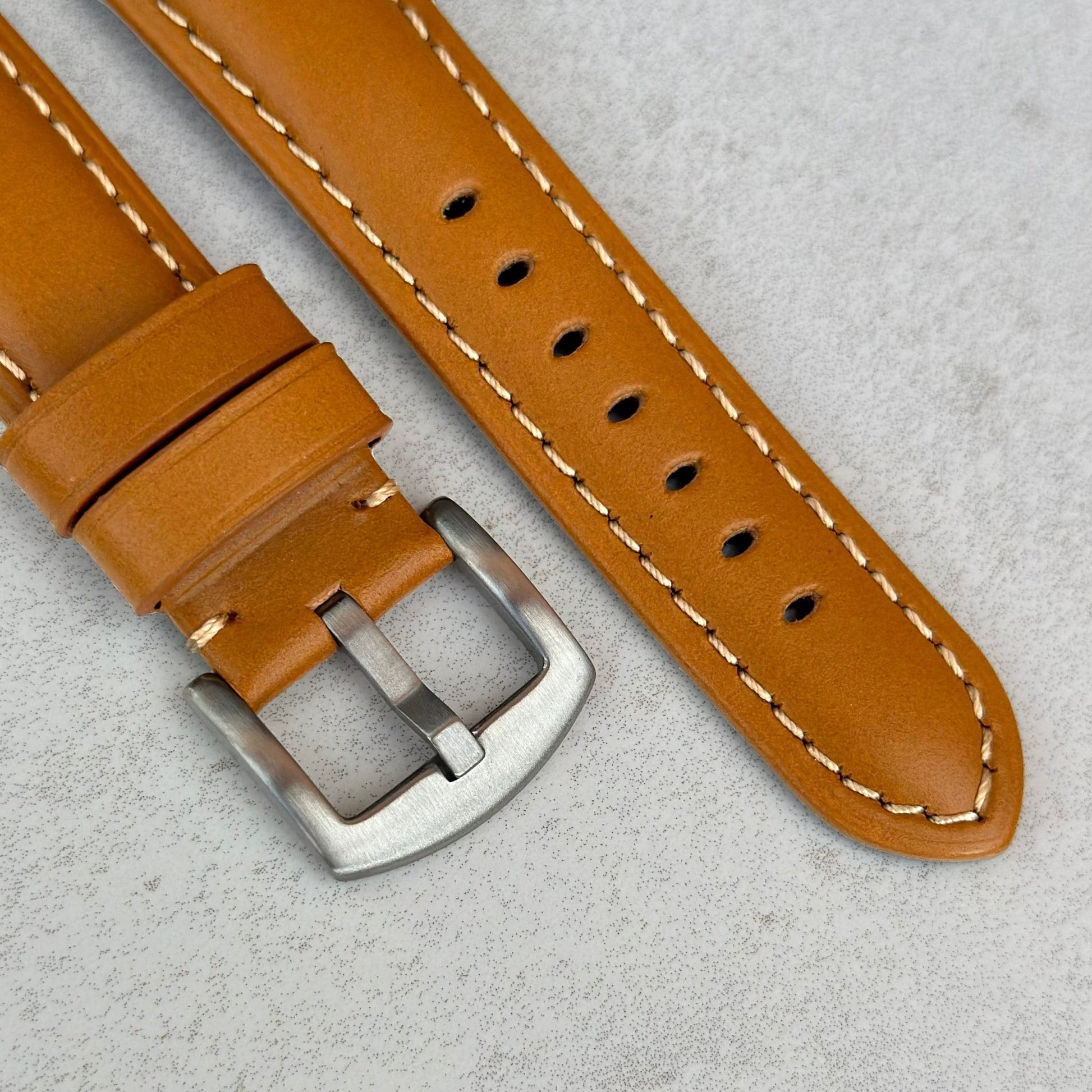 Brushed 316L stainless steel buckle on the Oslo tan full grain leather watch strap. Watch And Strap