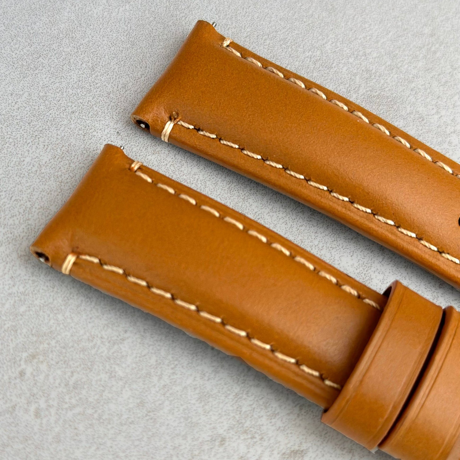 Top of the Oslo tan full grain leather watch strap. Padded leather watch strap. Watch And Strap
