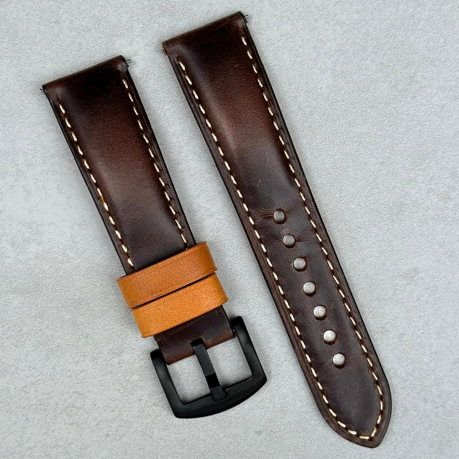 Oxford brown full grain leather watch strap with PVD black buckle. Contrast tan loops. 18mm, 20mm, 22mm, 24mm Watch And Strap