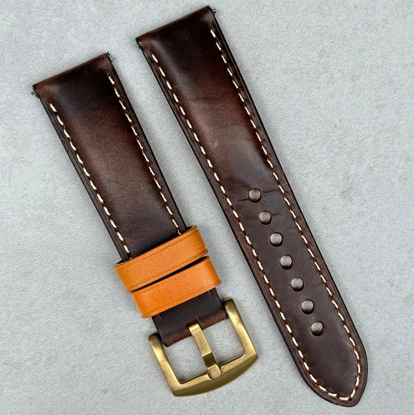 Oxford brown full grain leather watch strap with PVD gold buckle. Contrast tan loops. 18mm, 20mm, 22mm, 24mm. Watch And Strap