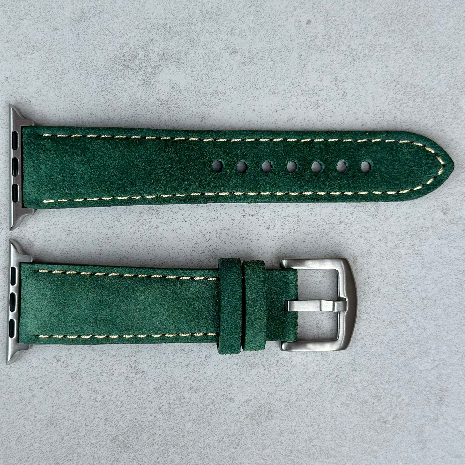 Hunter green suede Apple Watch strap. Contrast ivory stitching. Apple Watch series 3, 4, 5, 6, 7, 8, 9, SE and Ultra.