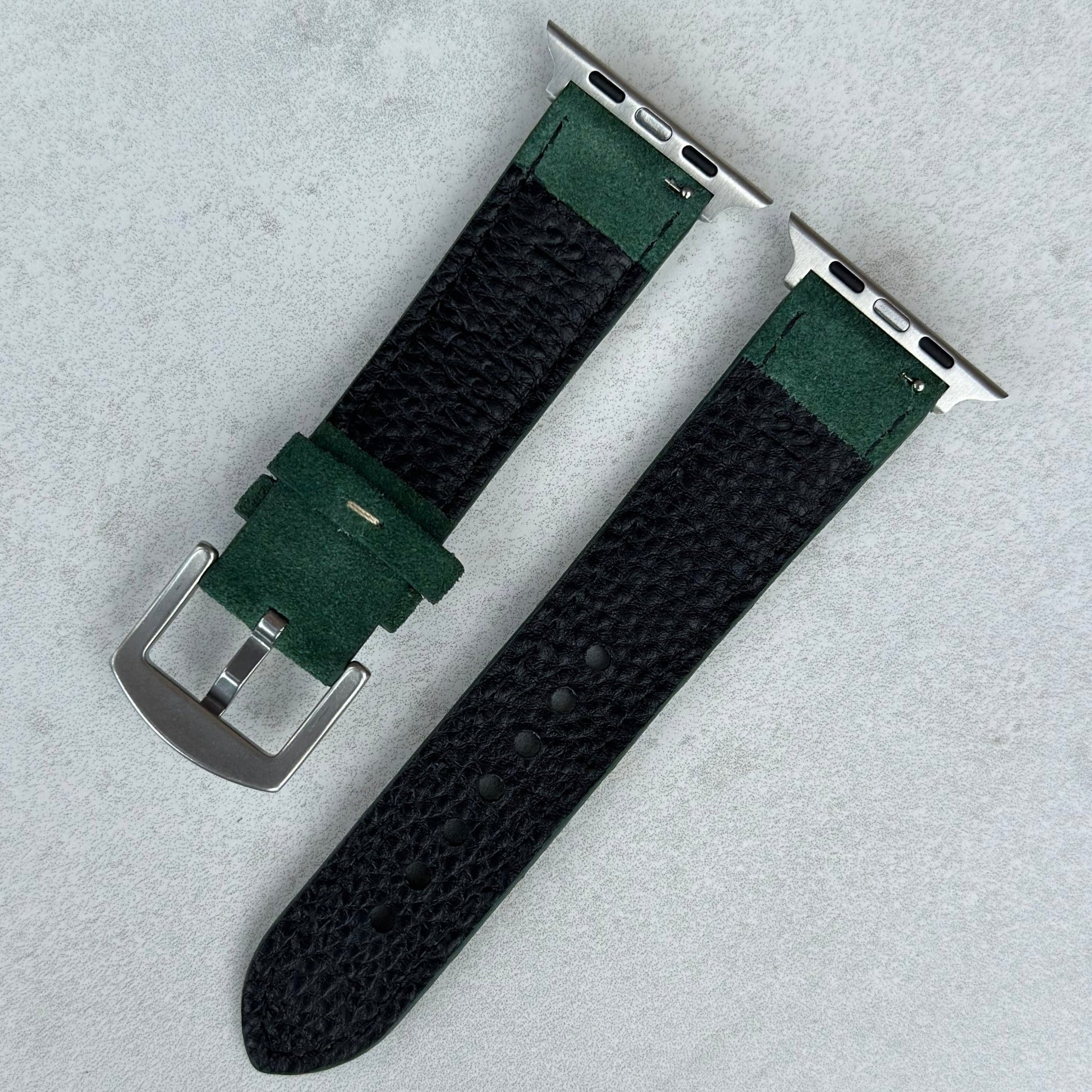 Rear of the hunter green suede Apple Watch strap. Apple Watch series 3, 4, 5, 6, 7, 8, 9, SE and Ultra. Watch And Strap.