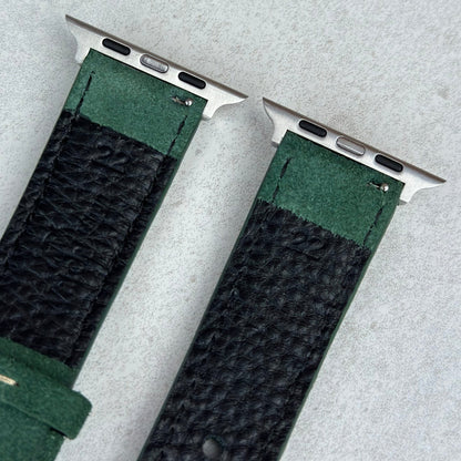 Stainless steel Apple Watch connectors on the hunter green suede Apple Watch strap. Watch And Strap.