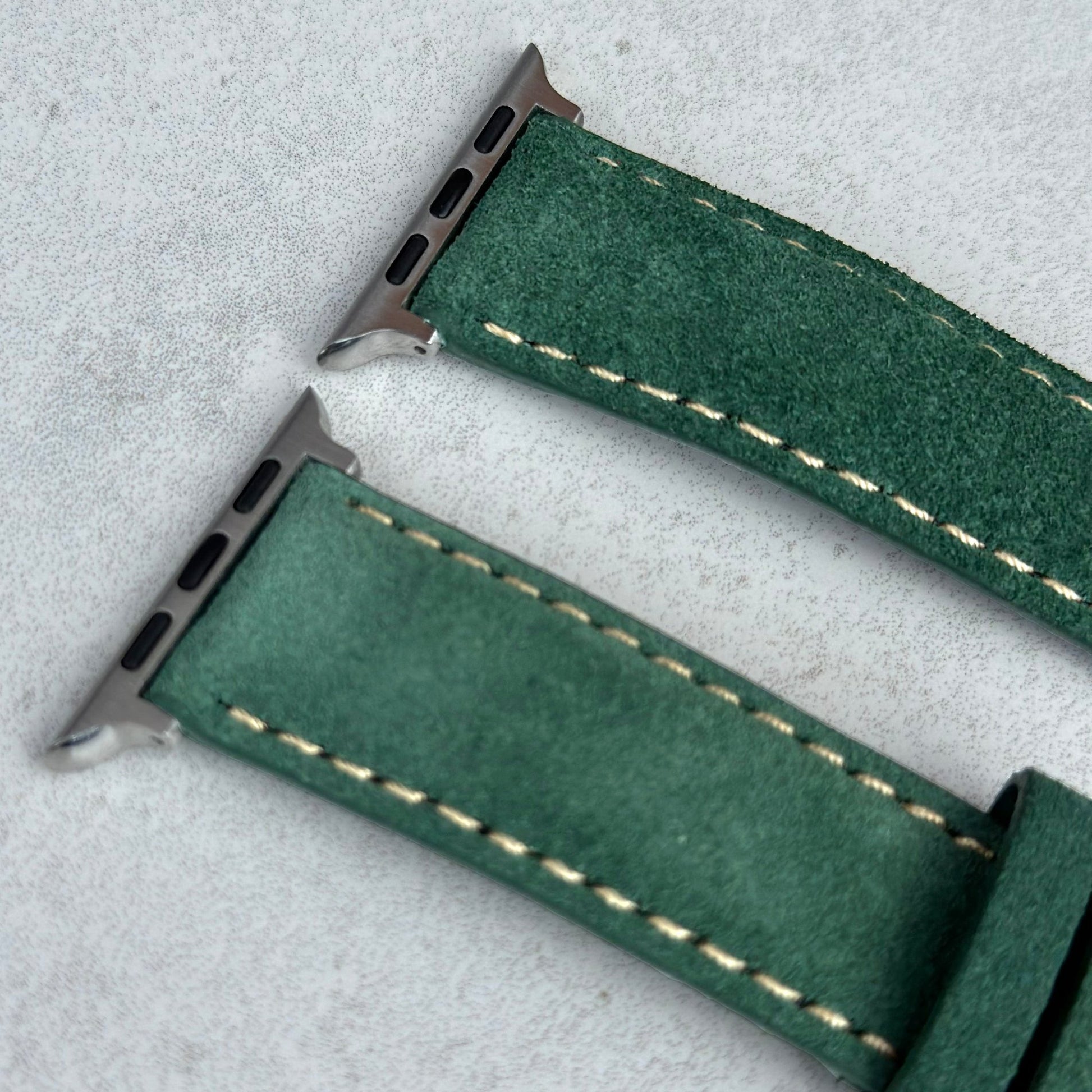 Top of the hunter green suede Apple Watch strap. Padded suede Apple Watch strap. Contrast ivory stitching. Watch And Strap