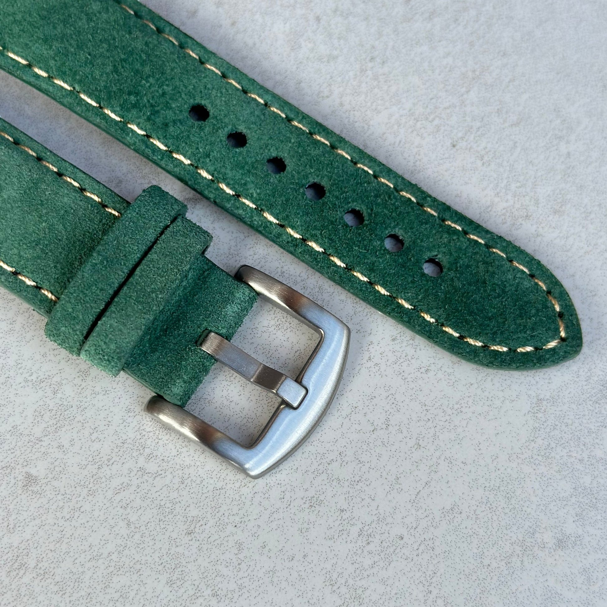 Brushed 316L stainless steel buckle on the Paris hunter green suede Apple Watch strap. Watch And Strap.