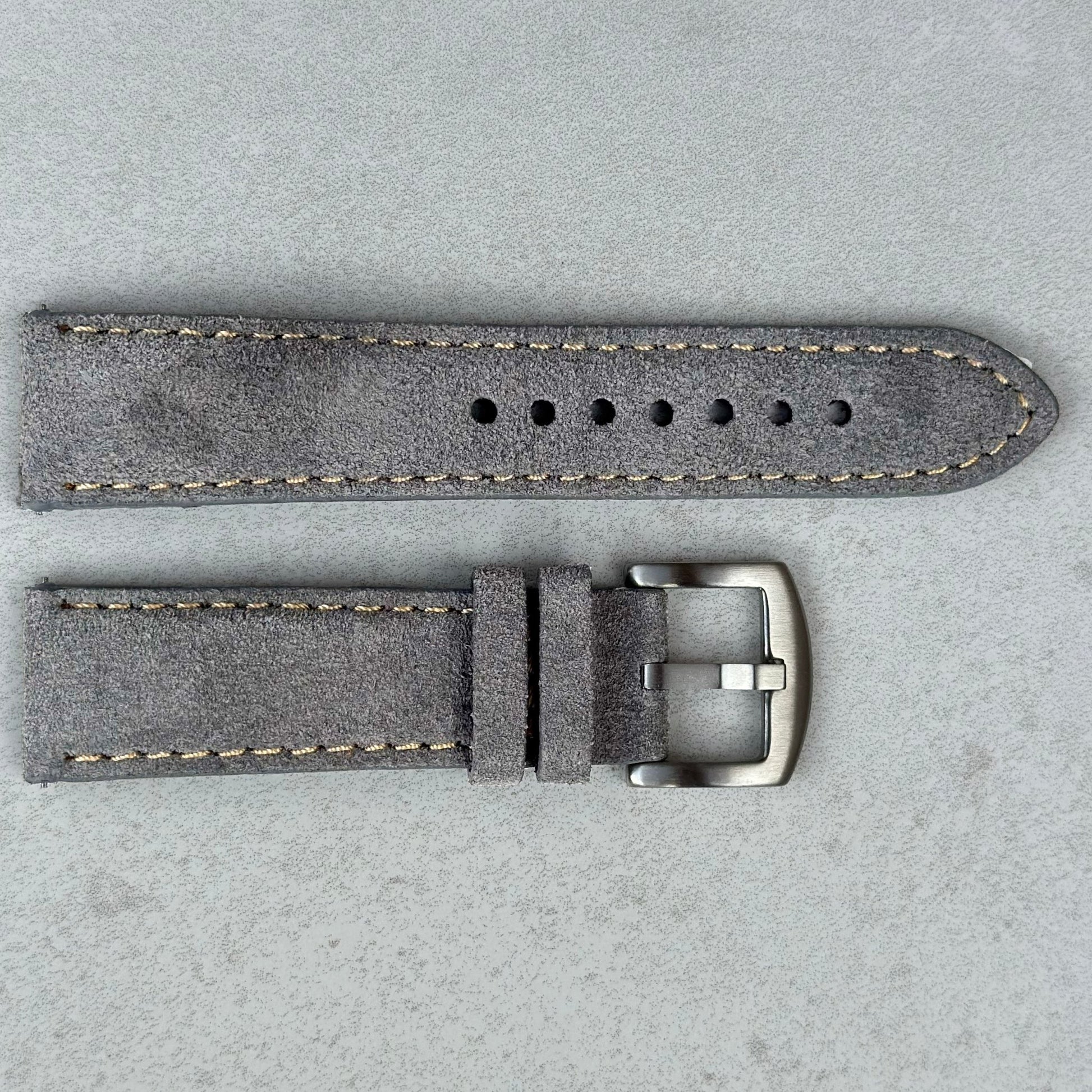 Paris light grey suede watch strap. 18mm, 20mm, 22mm, 24mm. Contrast ivory stitching. Watch And Strap.