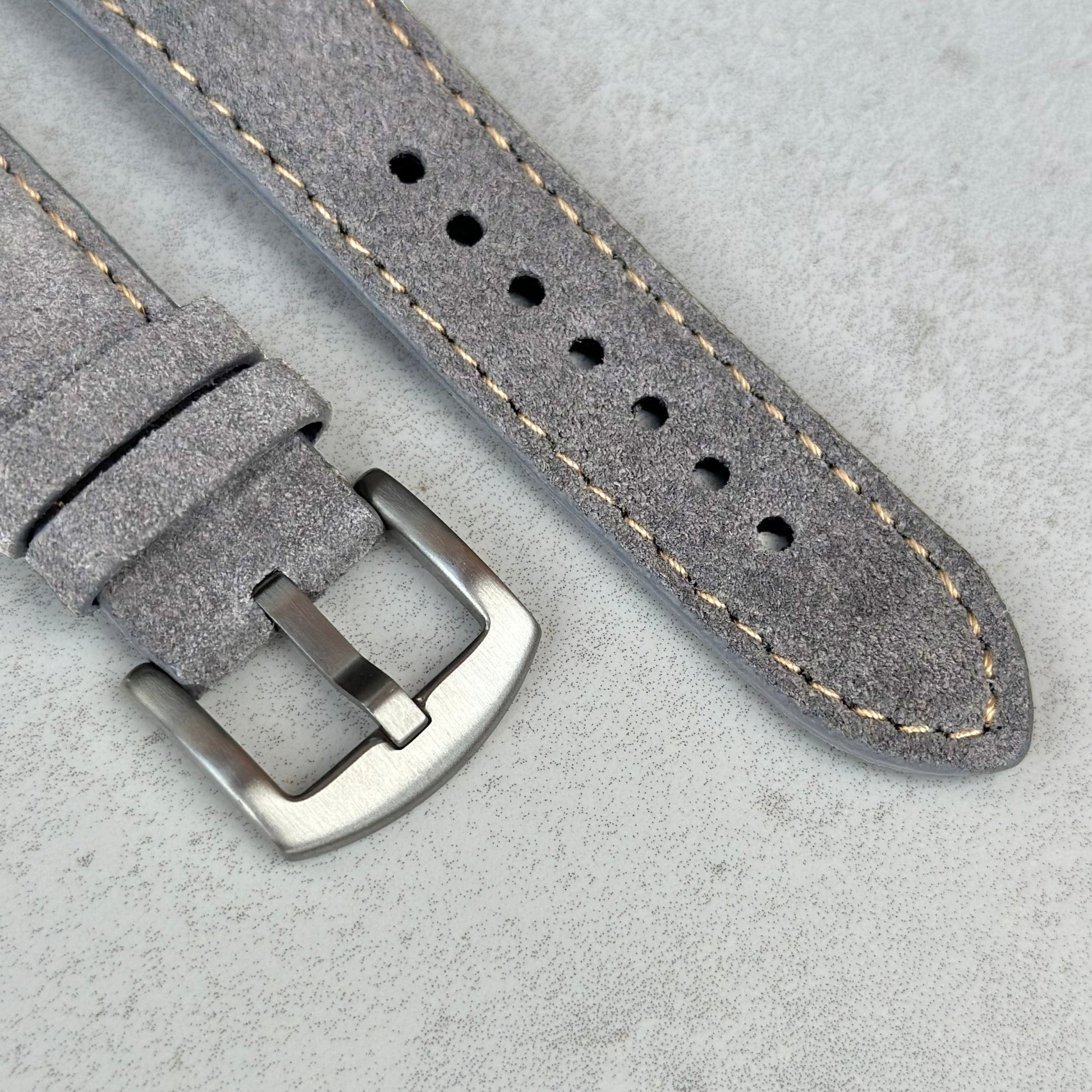 Brushed 316L stainless steel buckle on the Paris light grey suede watch strap. Watch And Strap