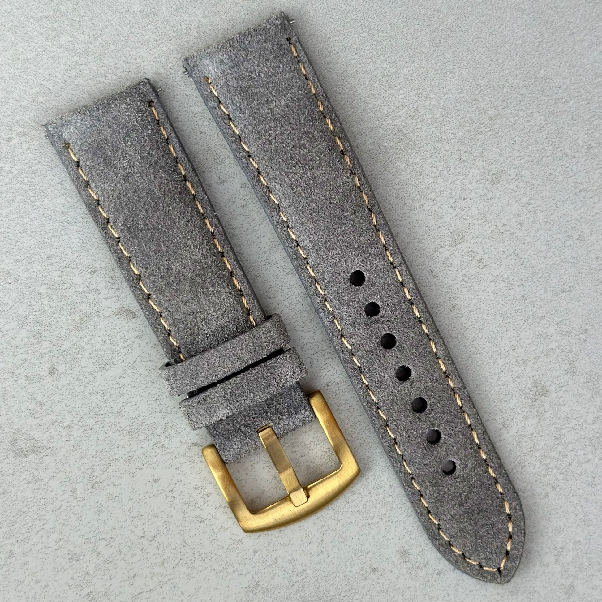 Paris light grey suede watch strap. 18mm, 20mm, 22mm, 24mm. Contrast ivory stitching. PVD gold buckle. Watch And Strap.