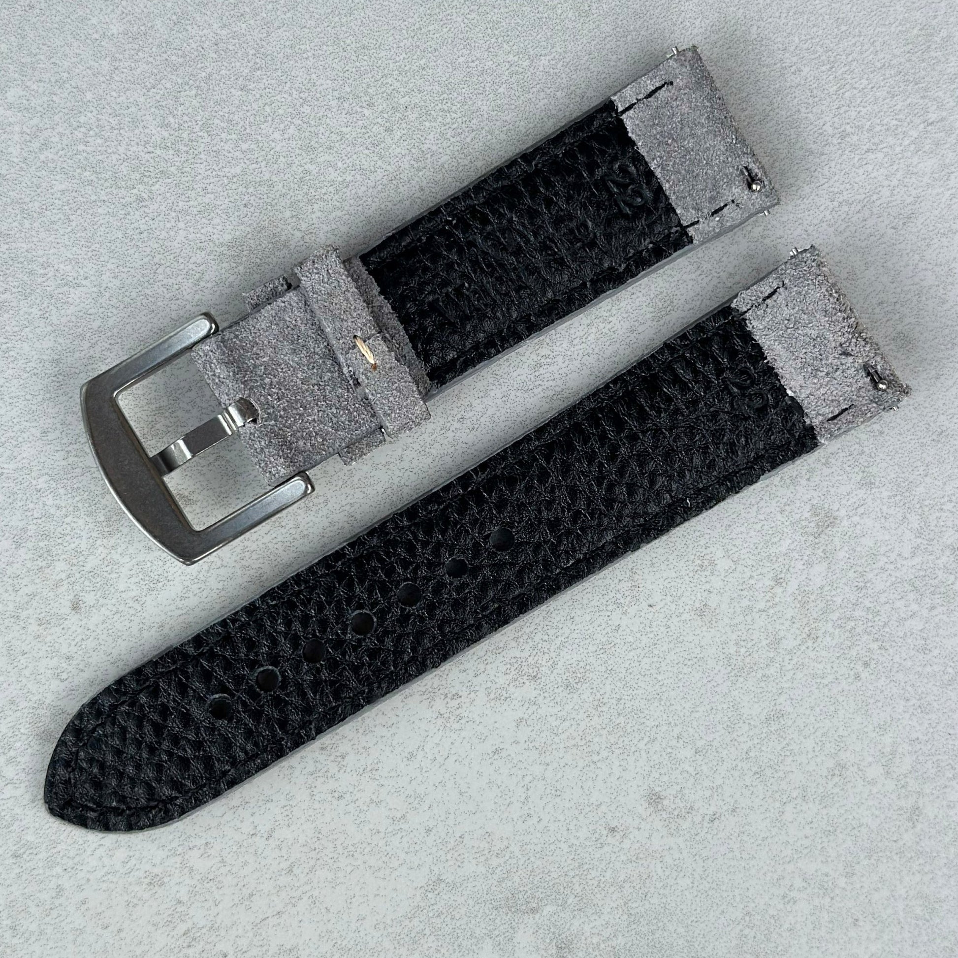 Rear of the Paris light grey suede watch strap. Quick release pins. Watch And Strap logo.