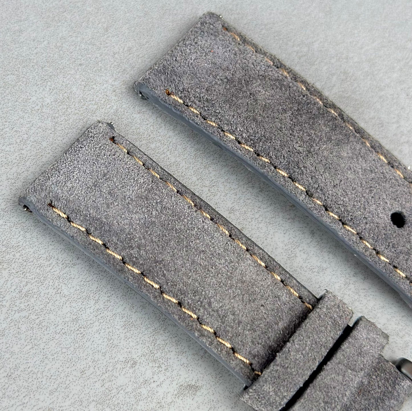 Top of the Paris light grey suede watch strap. Padded suede watch strap. Ivory stitching. Watch And Strap.