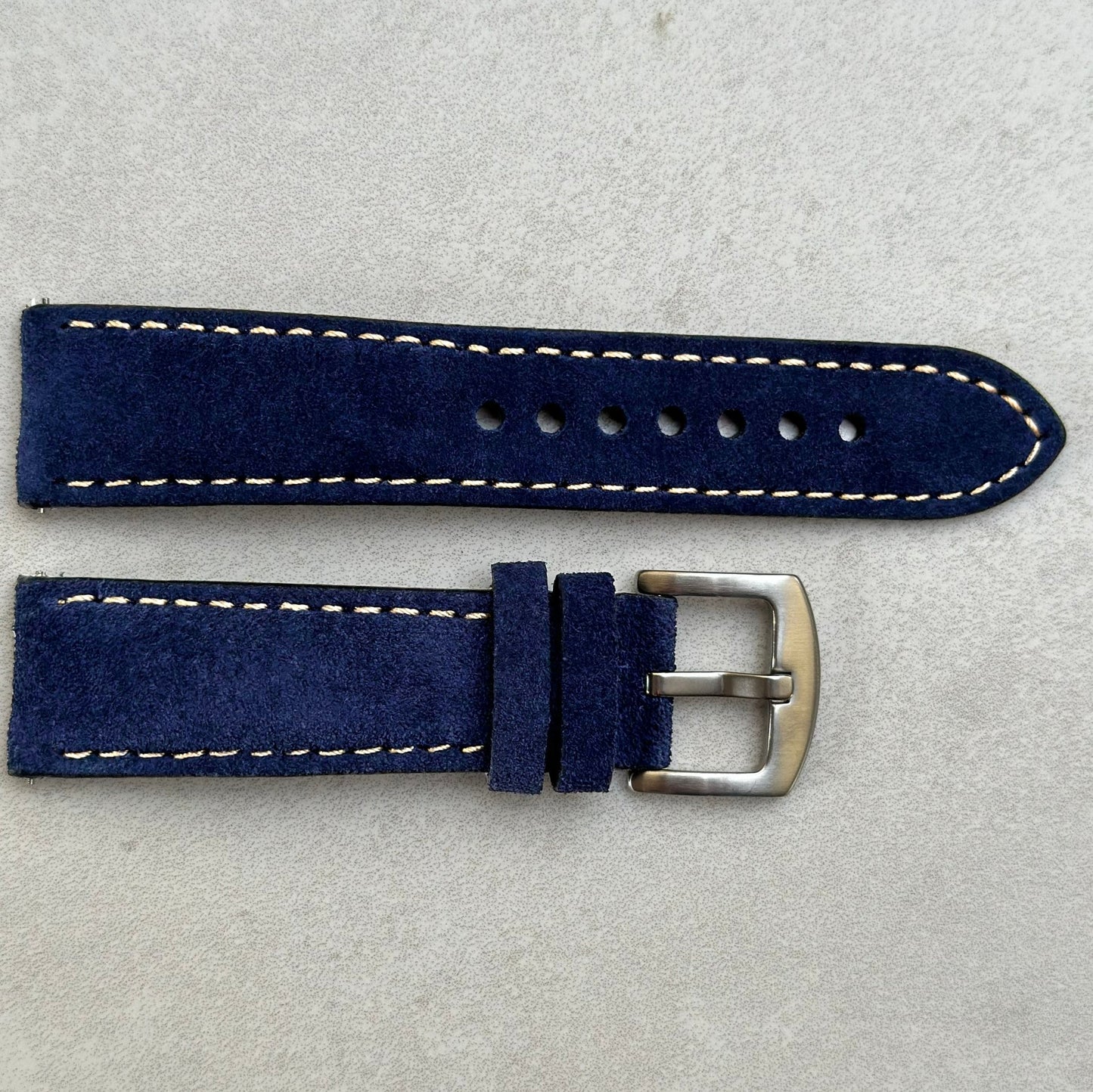 Paris navy suede watch strap with ivory stitching. Padded suede watch strap. 18mm, 20mm, 22mm, 24mm. Watch and Strap