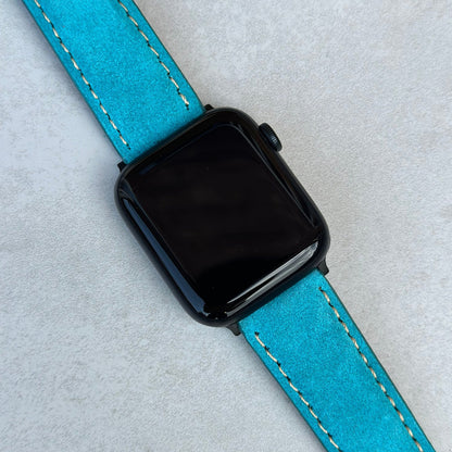 Paris turquoise suede Apple Watch strap on the Apple Watch series 9. Watch And Strap.
