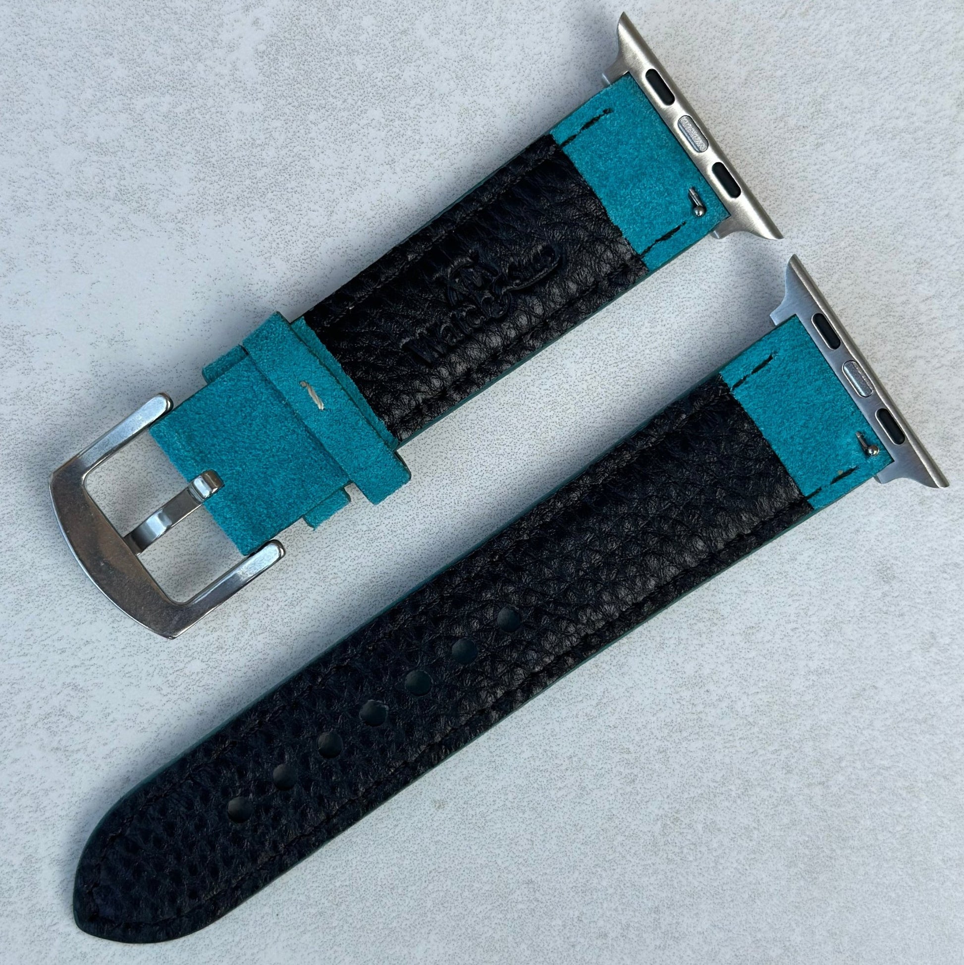 Rear of the Paris turquoise suede Apple Watch strap. Watch And Strap logo
