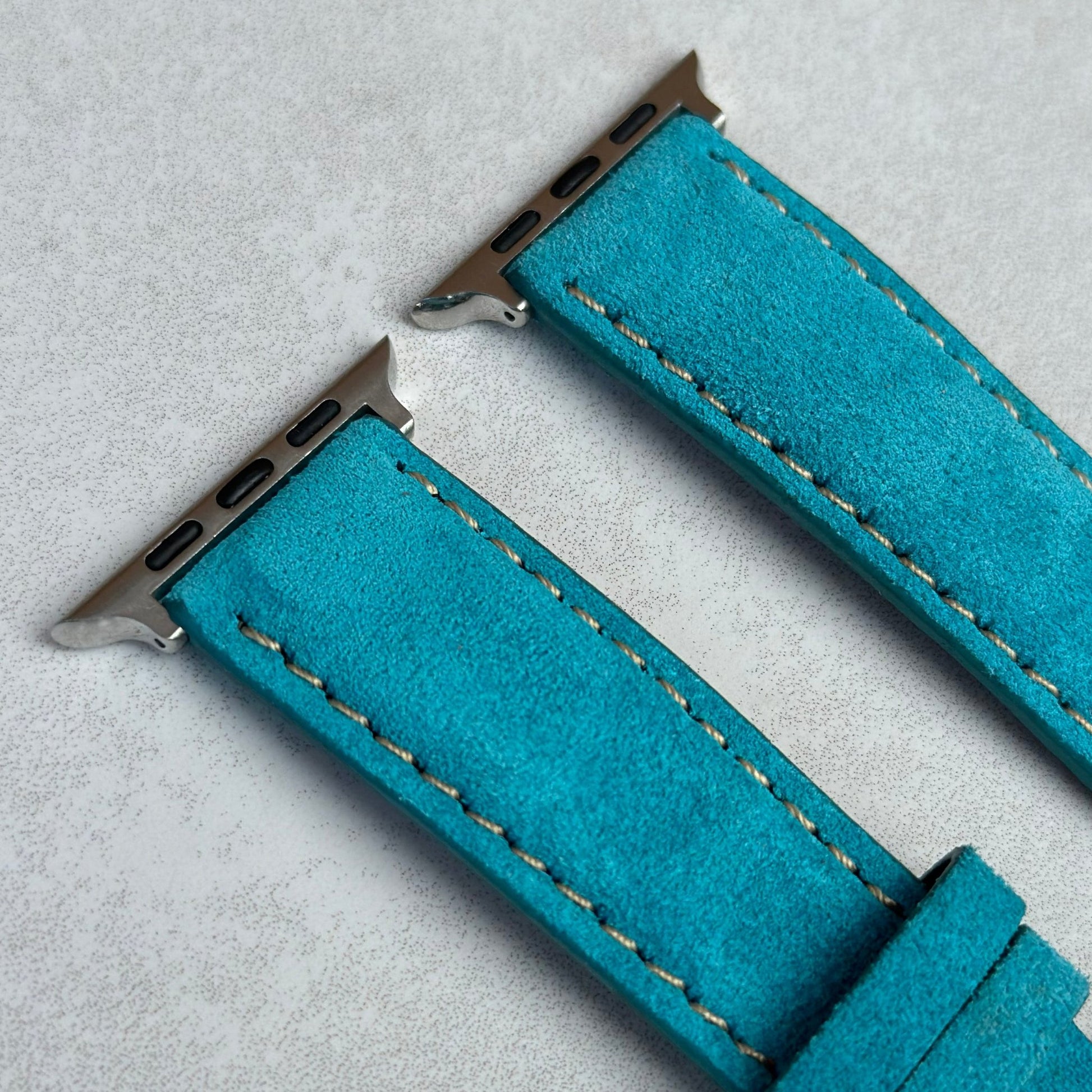 Top of the Paris turquoise suede Apple Watch strap. Ivory stitching. Watch And Strap.