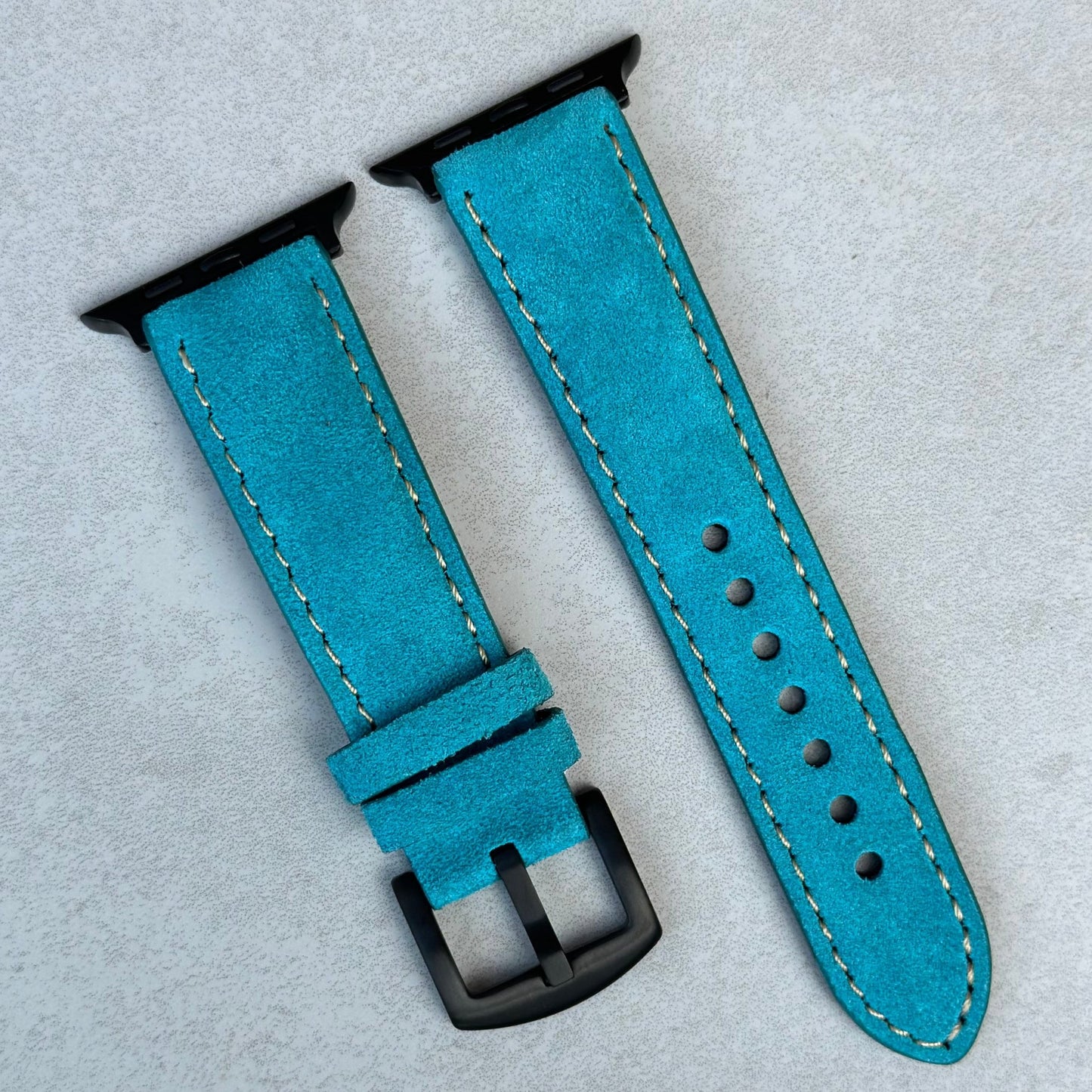 Paris turquoise suede Apple Watch strap. Apple Watch series 3, 4, 5, 6, 7, 8, 9, SE and Ultra. PVD black. Watch And Strap.