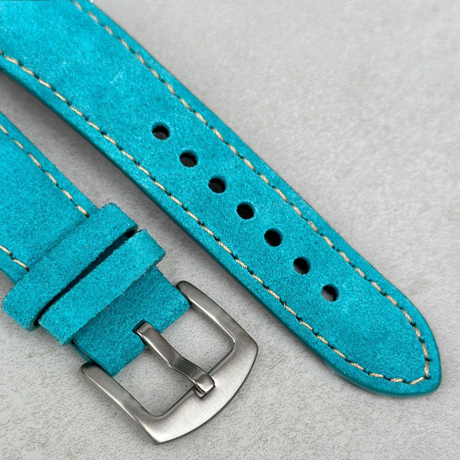 Brushed 316L stainless steel buckle on the Paris turquoise suede watch strap. Watch And Strap