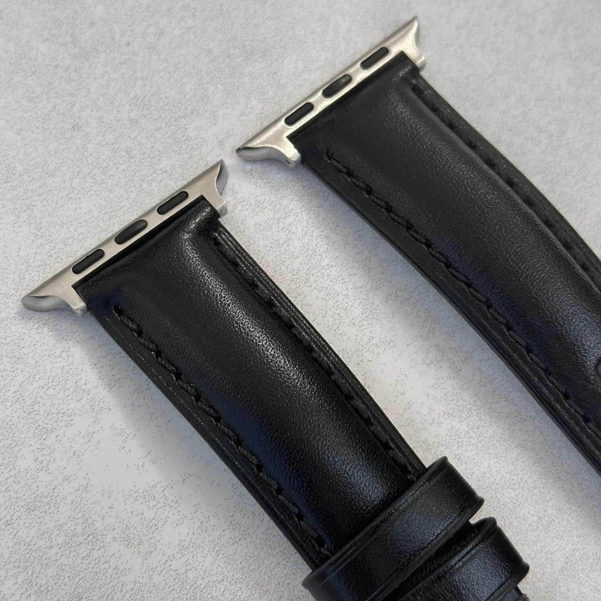 Top of the Prague jet black full grain leather watch strap. Padded leather watch strap. Watch And Strap.