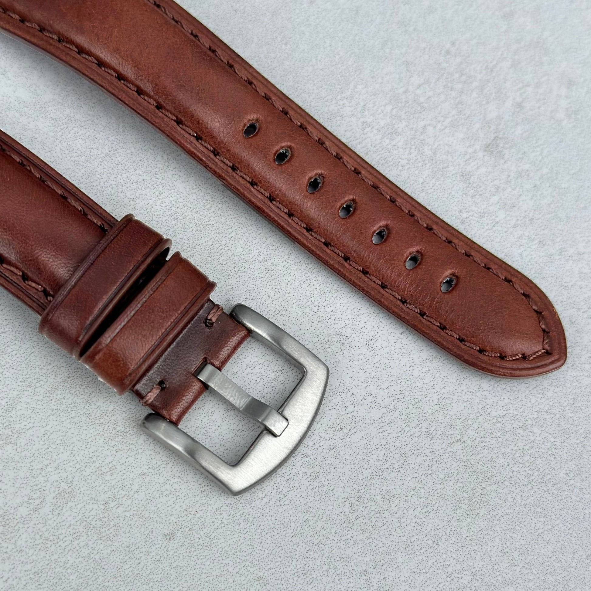 Brushed 316L stainless steel buckle on the Prague chestnut brown vegetable tanned leather Apple Watch strap. Watch And Strap