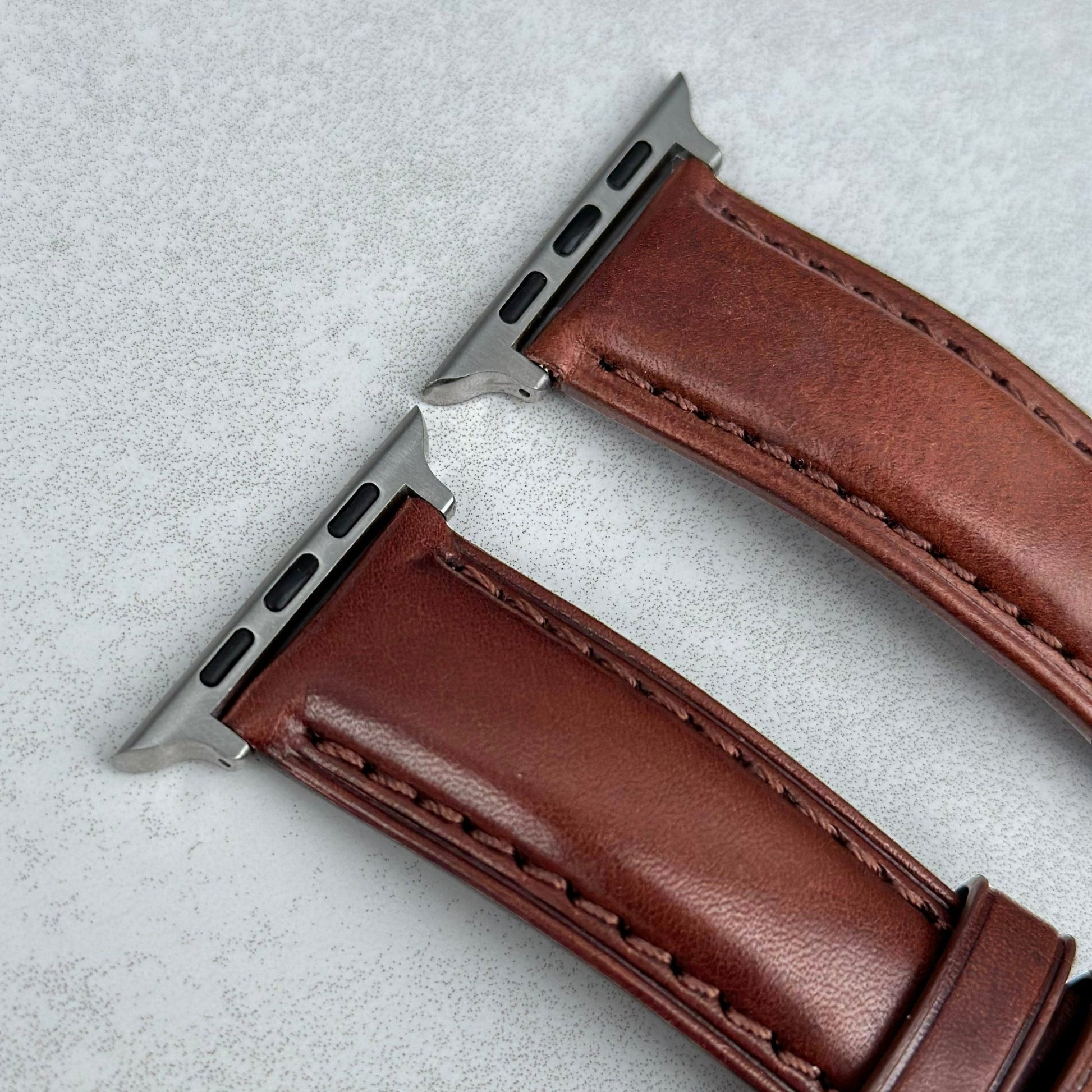 Top of the Chestnut brown full grain leather Apple Watch strap. Padded leather Apple Watch strap. Watch And Strap