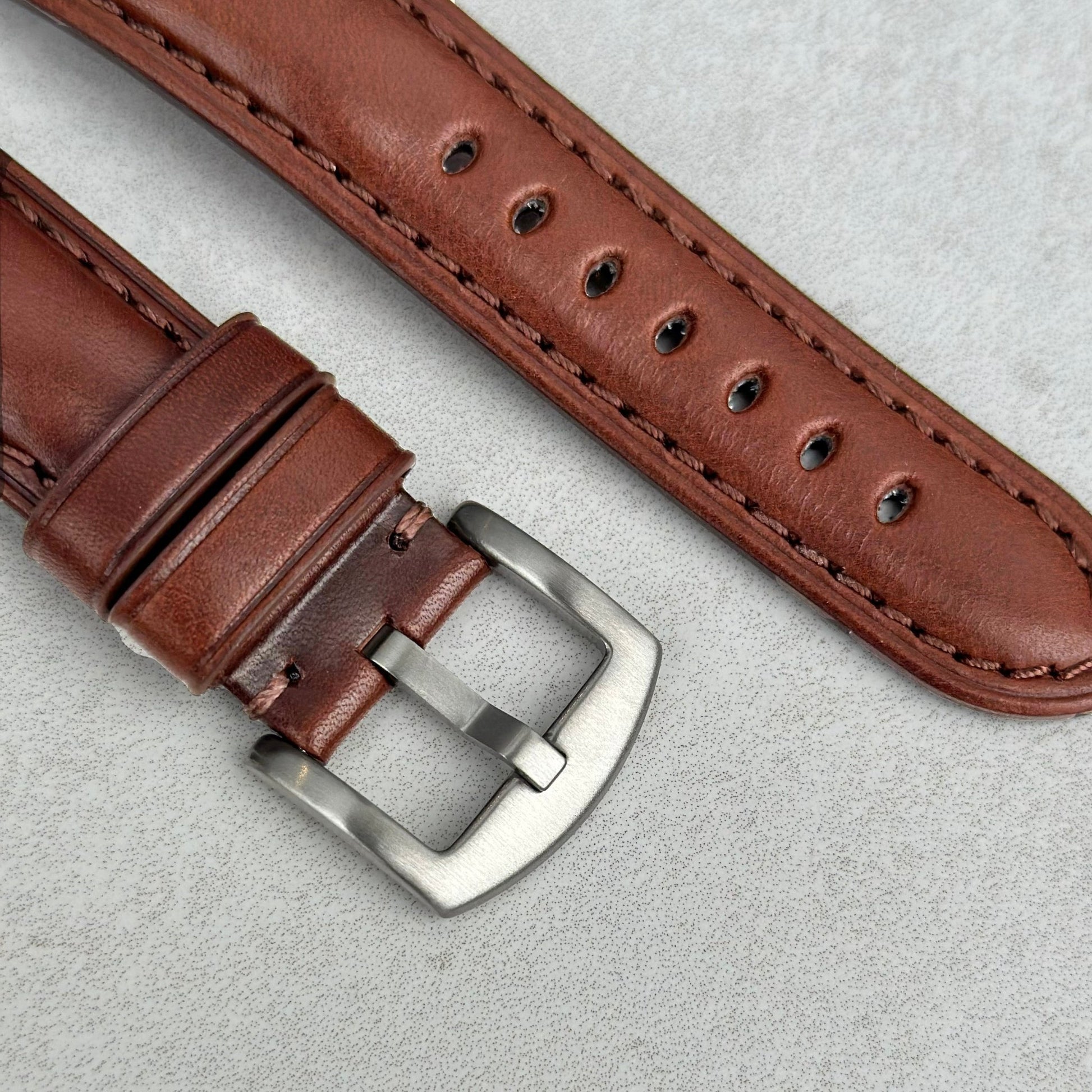 Brushed 316L stainless steel buckle on the Prague chestnut brown vegetable tanned leather watch strap. Watch And Strap