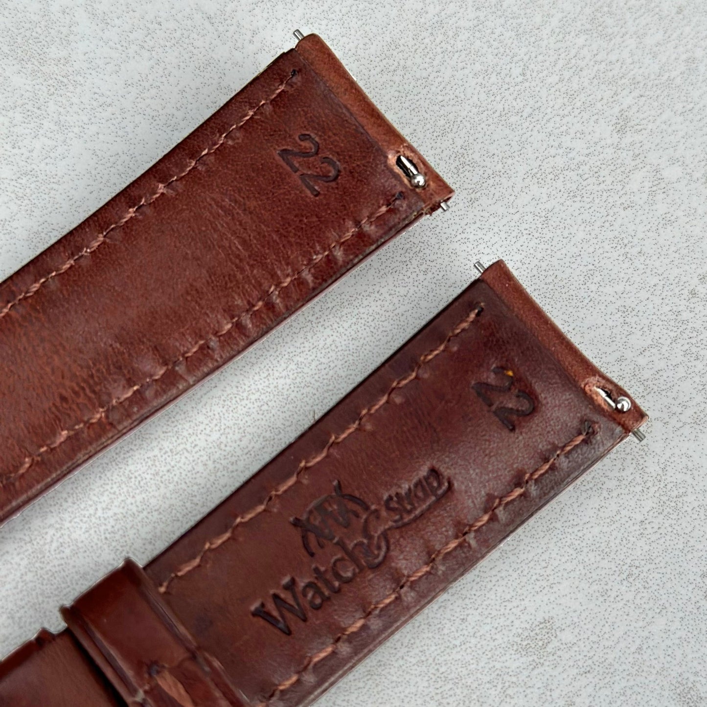 Quick release pins on the Prague chestnut brown full grain leather watch strap. Watch And Strap