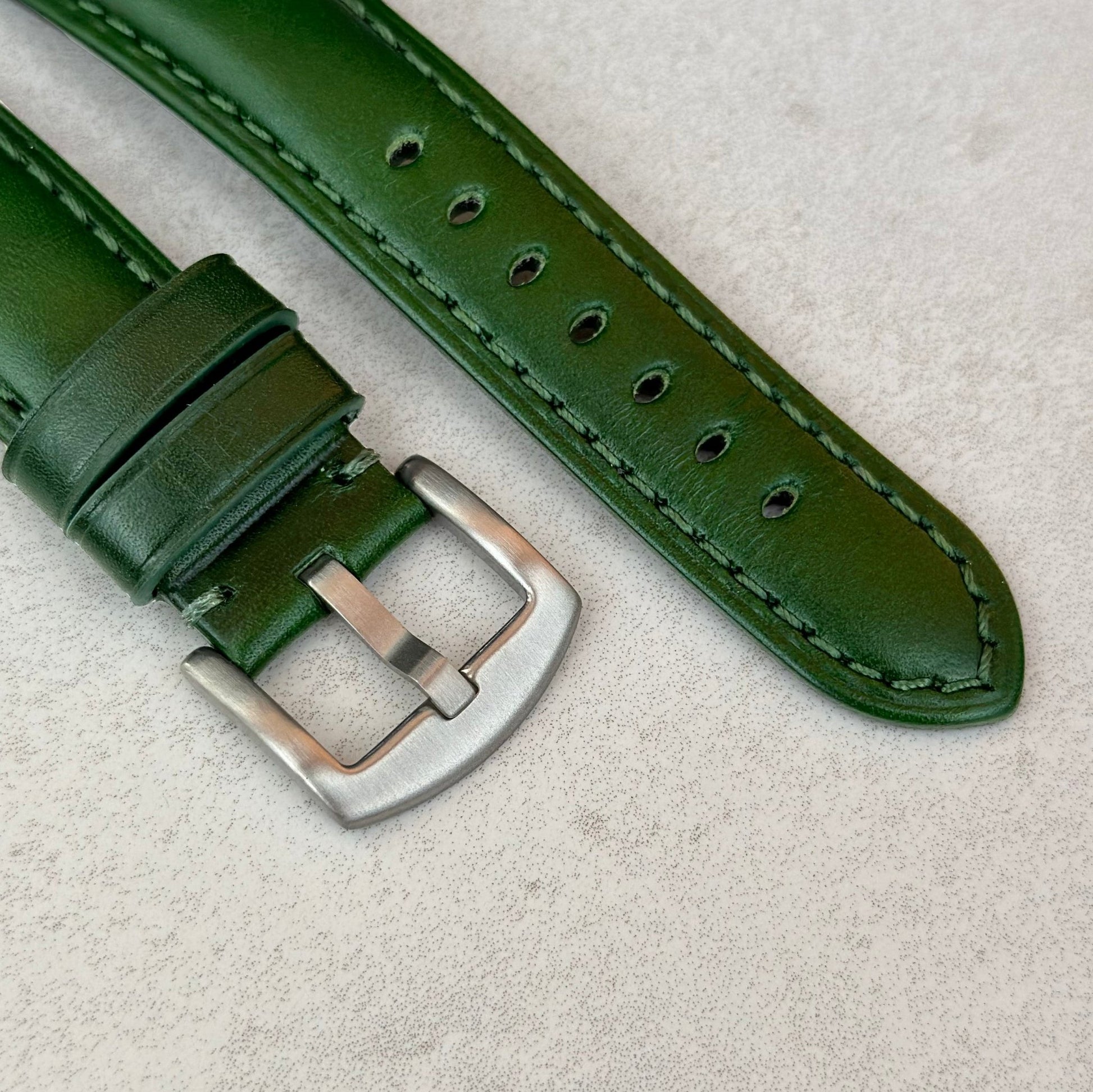 Brushed 316L stainless steel buckle on the Prague racing green leather watch strap. Watch And Strap