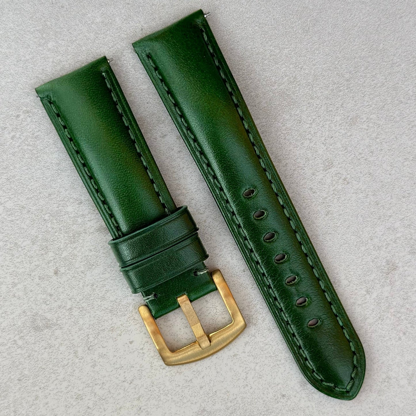 Prague racing green full grain leather watch strap. PVD gold buckle. 18mm, 20mm, 22mm, 24mm. Watch And Strap