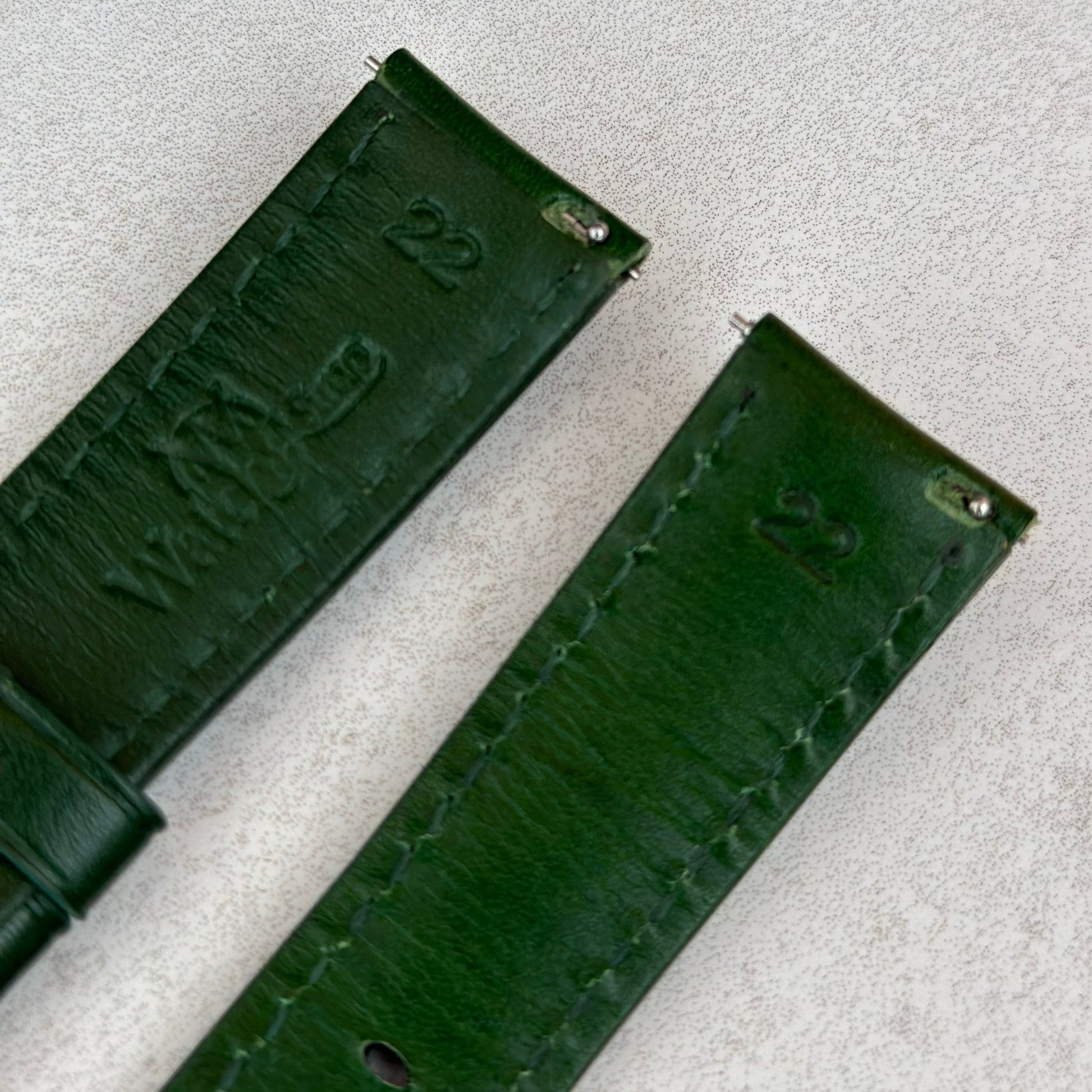 Quick release pins on the Prague racing green vegetable tanned leather watch strap. Watch And Strap.