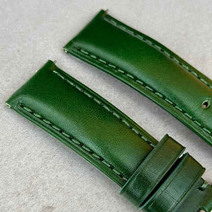 Top of the Prague racing green vegetable tanned leather watch strap. Padded leather watch strap. Watch And Strap.