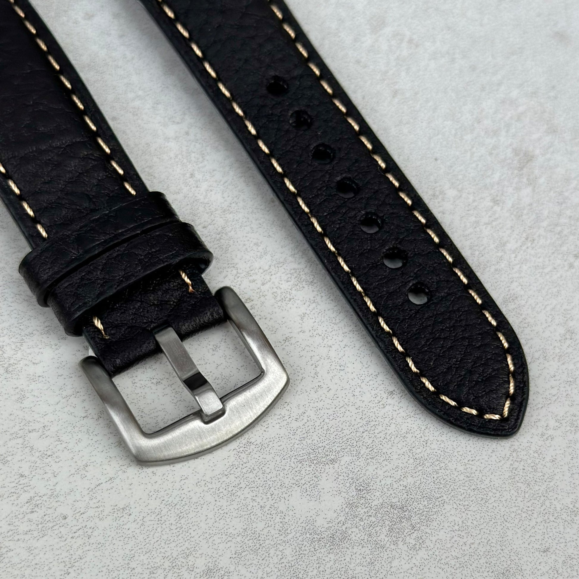 Brushed 316L stainless steel buckle on the Rome black Italian leather watch strap. Watch And Strap.