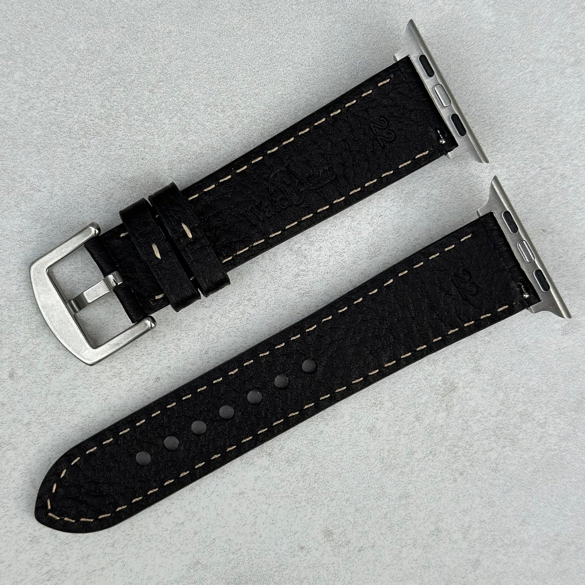 Rear of the Rome jet black full grain leather Apple Watch strap. Apple Watch Series 3, 4, 5, 6, 7, 8, 9, SE and Ultra.