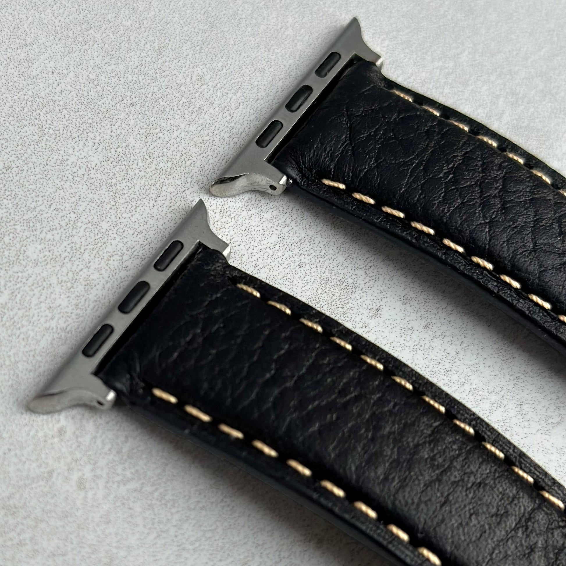 Top of the Rome jet black Italian leather Apple Watch strap. Contrast ivory stitching. Watch And Strap.