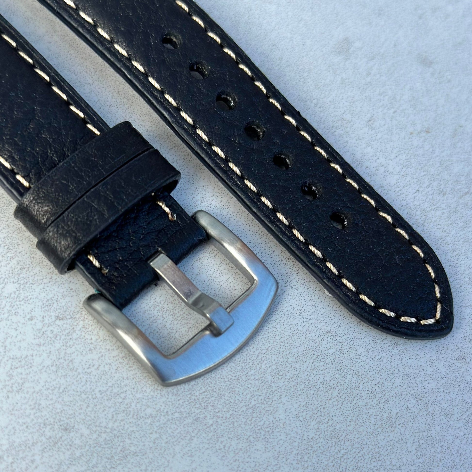 Brushed 316L stainless steel buckle on the Rome jet black Italian leather watch strap. Watch And Strap.