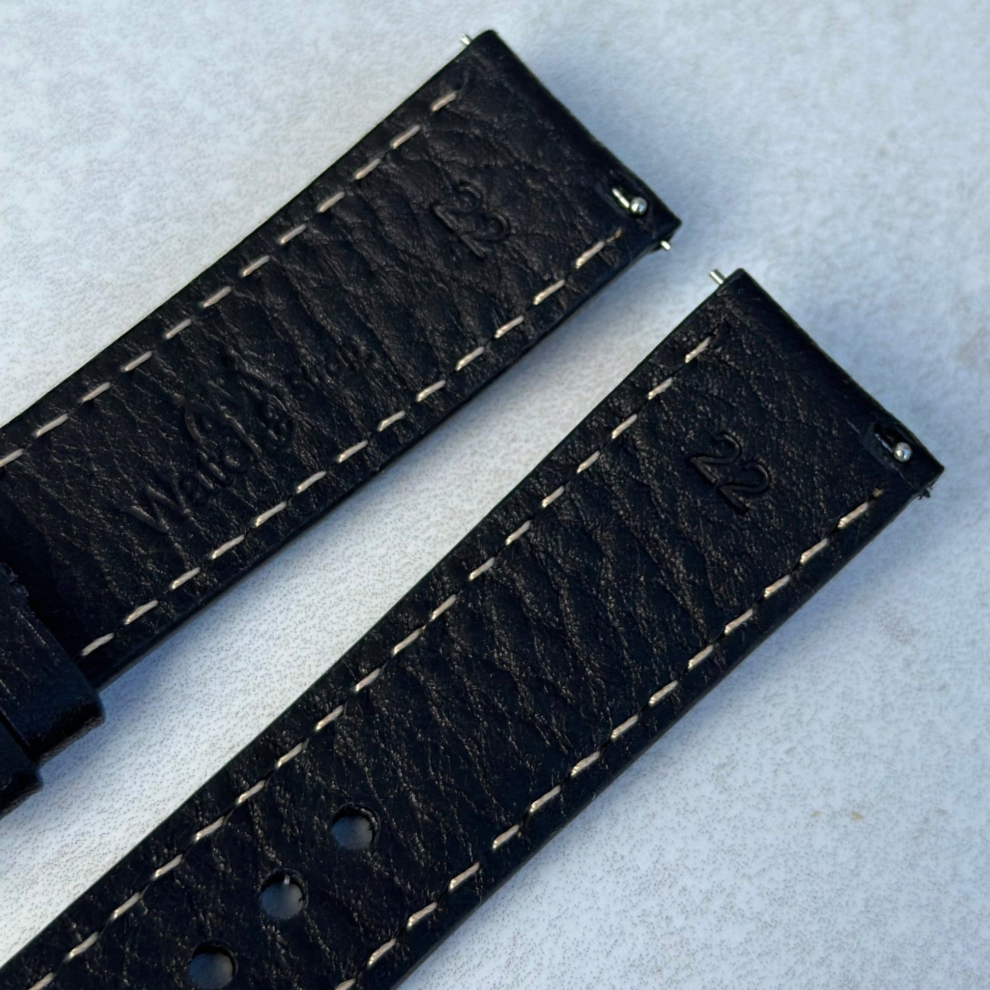 Quick release pins on the Rome jet black full grain leather watch strap. Watch And Strap