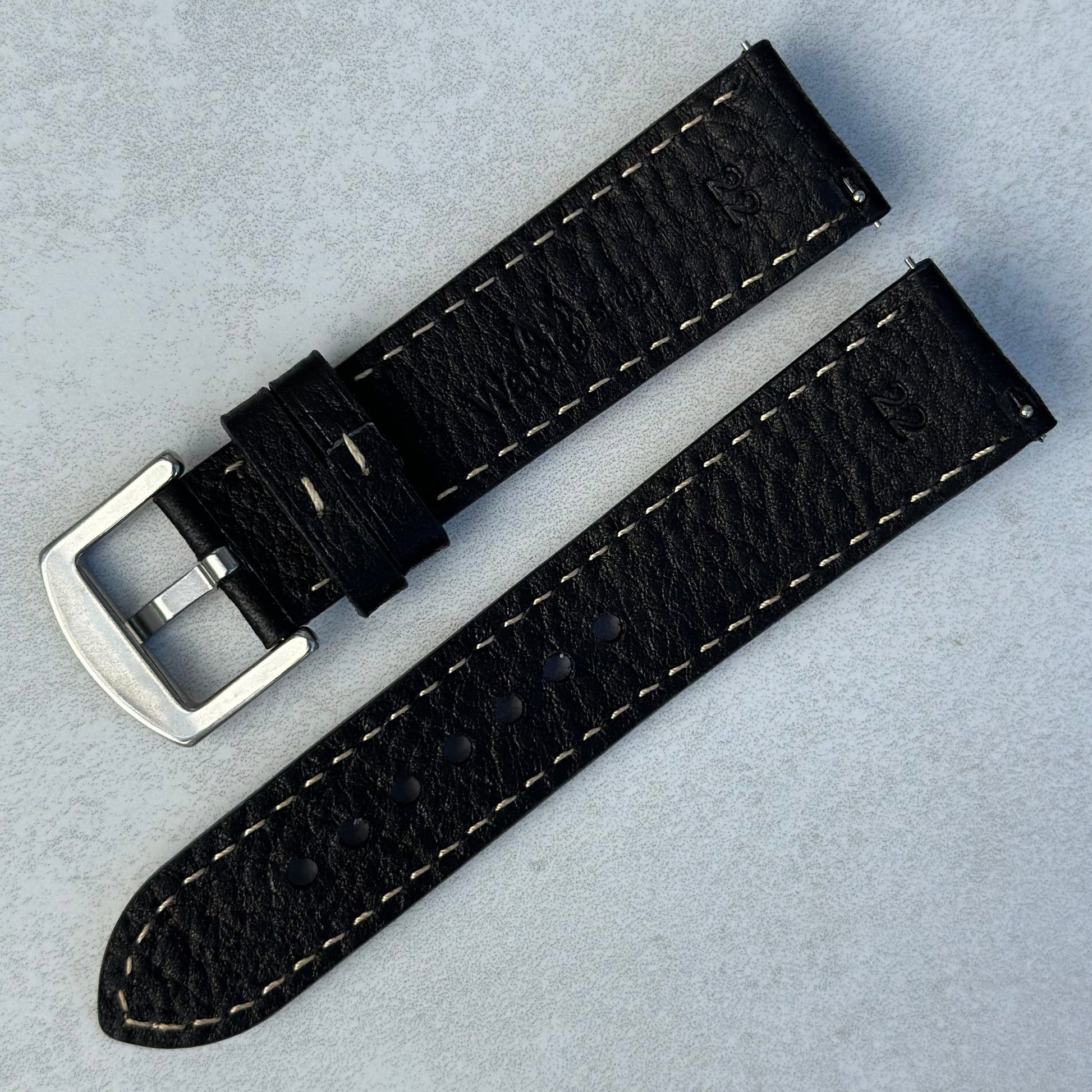 Rear of the Rome jet black Italian leather watch strap. Quick release pins. Watch And Strap