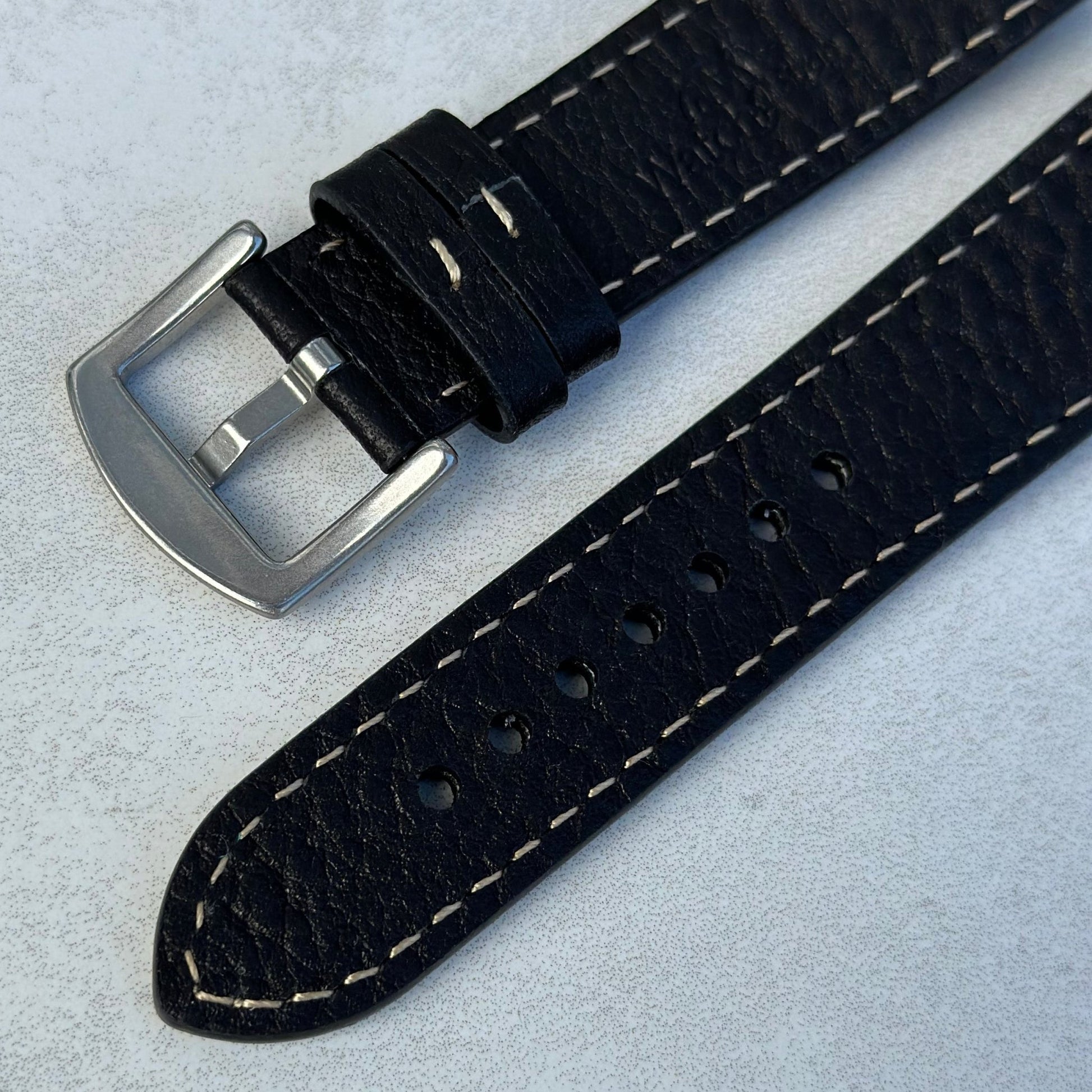 Rear of the brushed 316L stainless steel buckle on the Rome jet black Italian leather watch strap. Watch And Strap