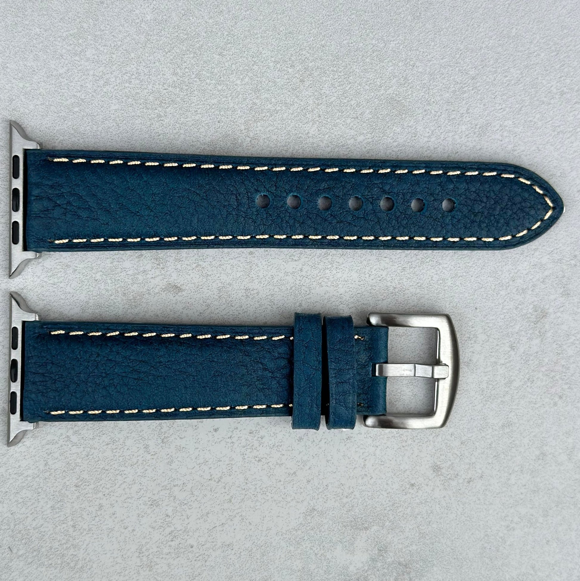 Blue Italian full grain leather Apple Watch strap. Apple Watch series 3, 4, 5, 6, 7, 8, 9, SE and Ultra. Watch And Strap