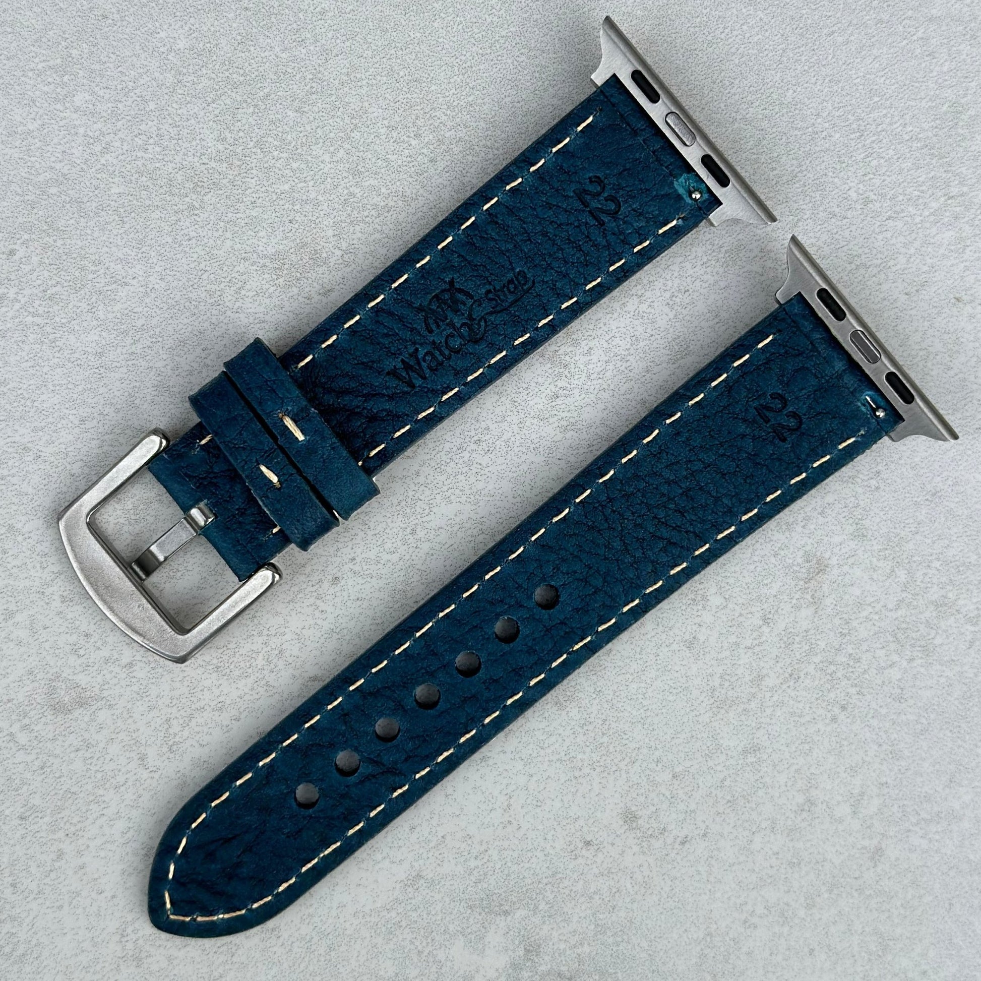 Rear of the blue Italian leather Apple Watch Strap. Watch And Strap