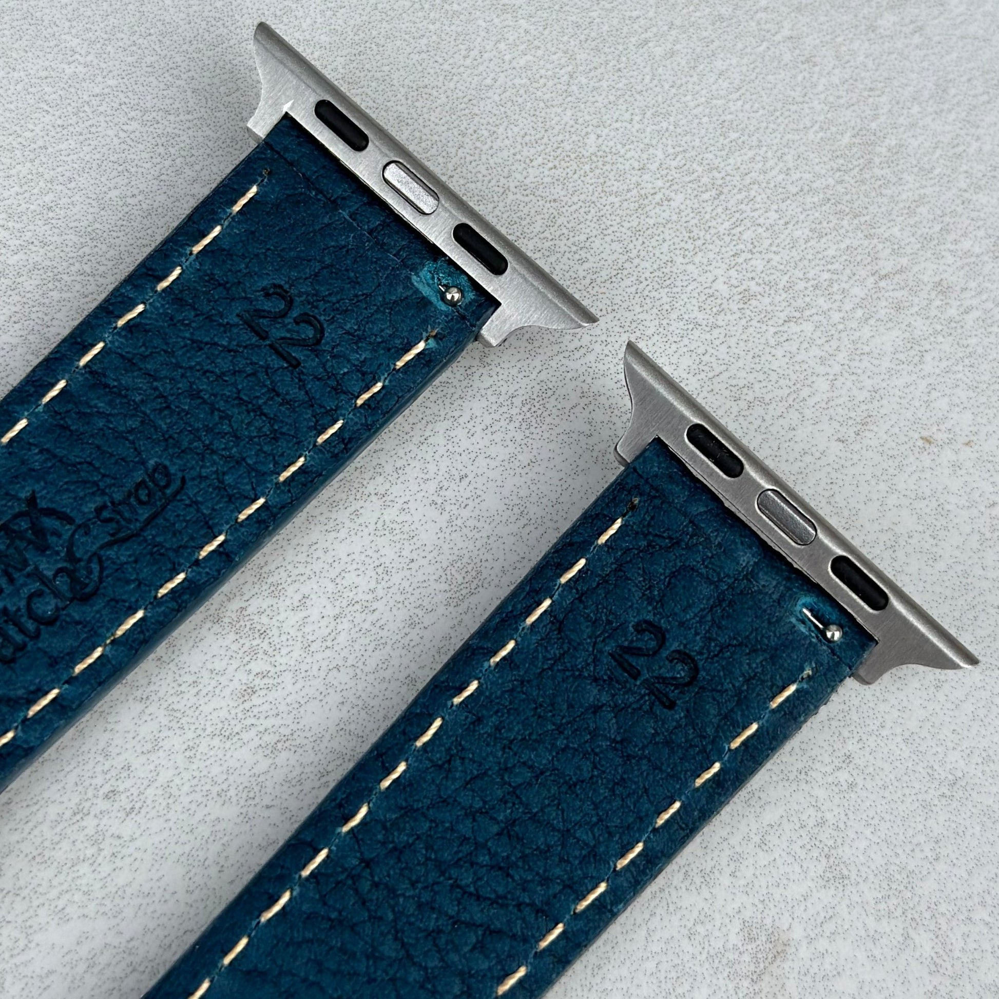 Rear top of the blue Italian leather Apple Watch strap. Stainless steel hardware. Watch And Strap.