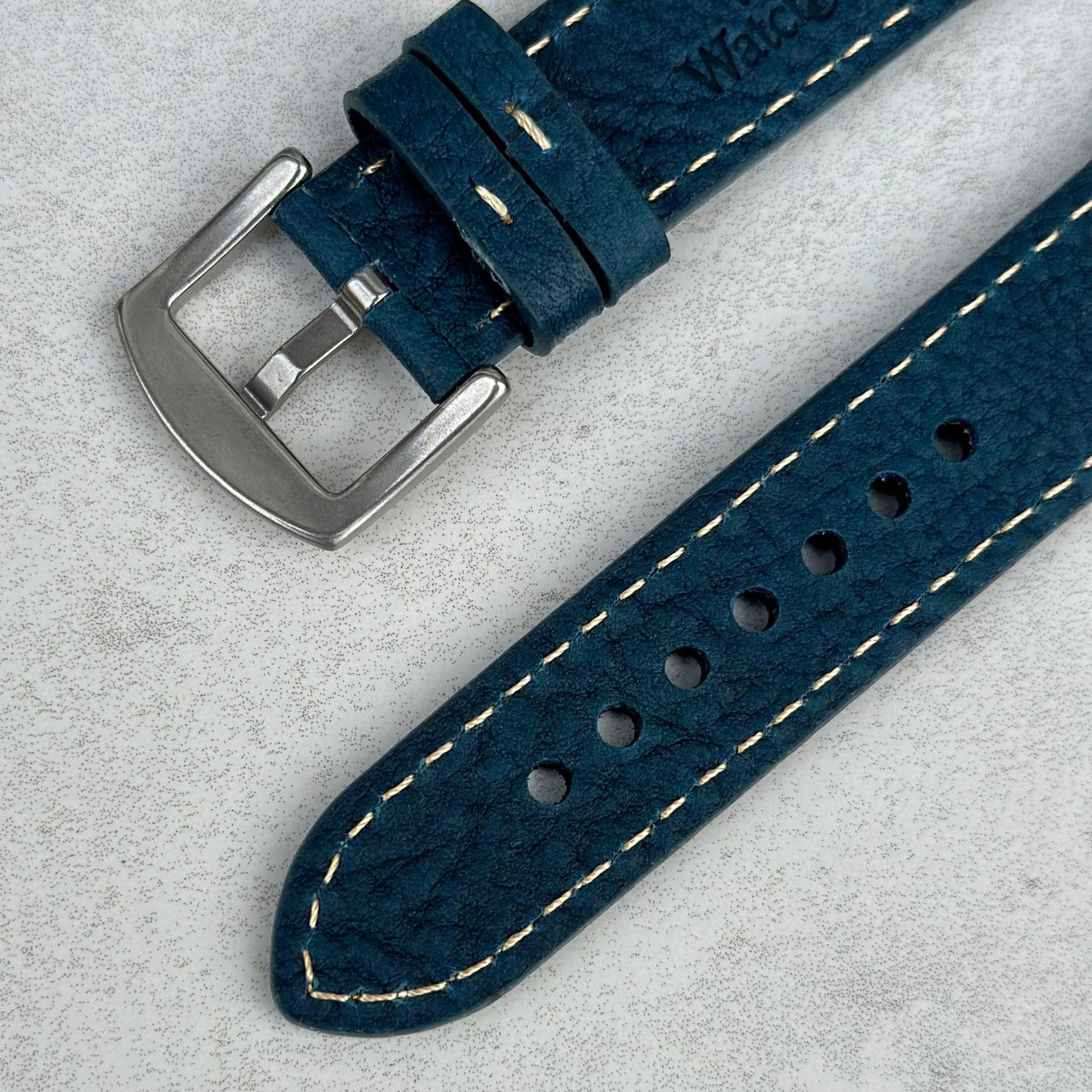 Rear of the brushed 316L stainless steel buckle on the Rome blue Italian leather Apple Watch strap. Watch And Strap.